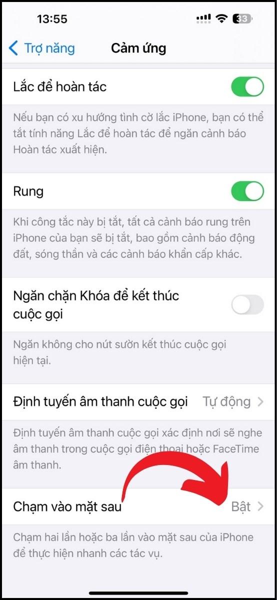 Chọn Chạm v&agrave;o mặt sau.