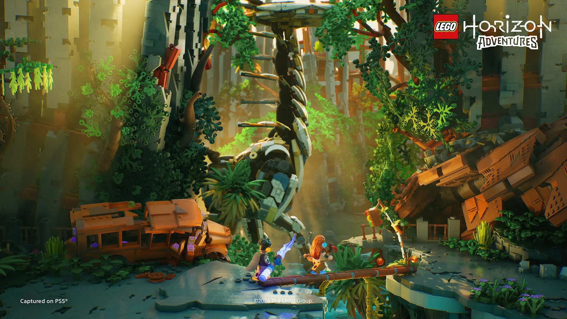 Aloy và một nhân vật khác phiên bản LEGO trong thế giới đầy màu sắc của LEGO Horizon Adventures.