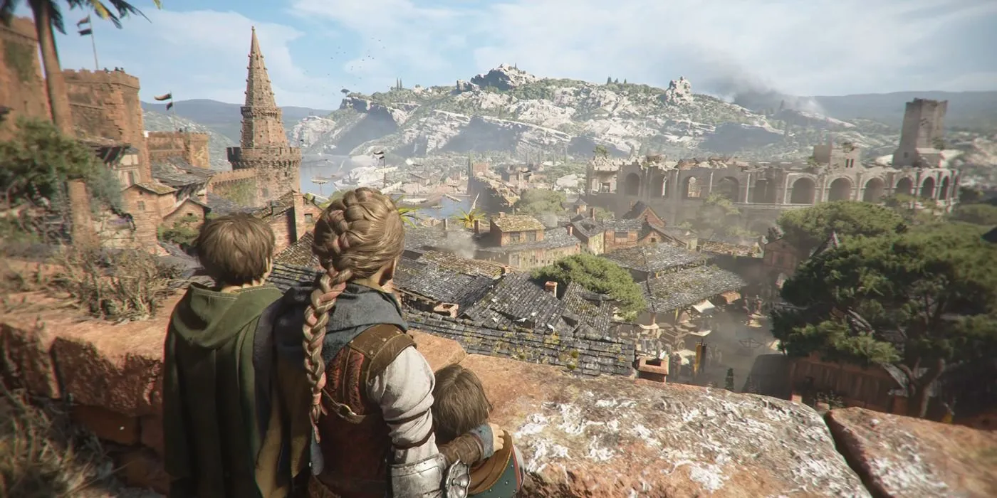 Amicia và Hugo đang nhìn thành phố trong A Plague Tale Requiem