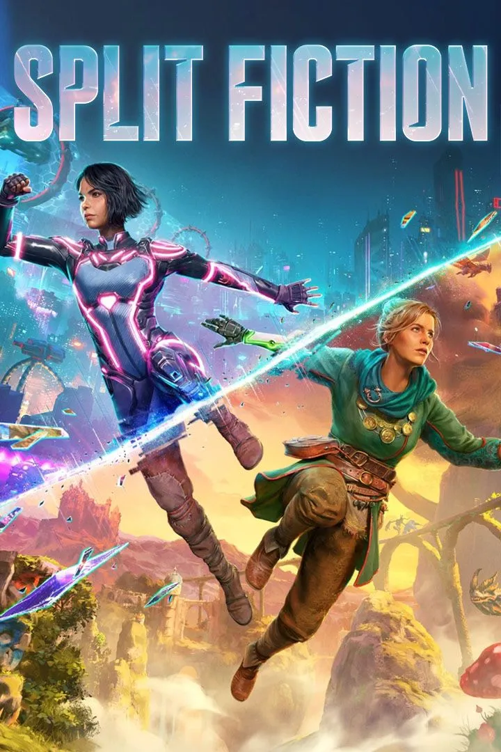Ảnh bìa chính thức của game co-op Split Fiction, thể hiện hai nhân vật chính trên nền thế giới đầy màu sắc và phiêu lưu