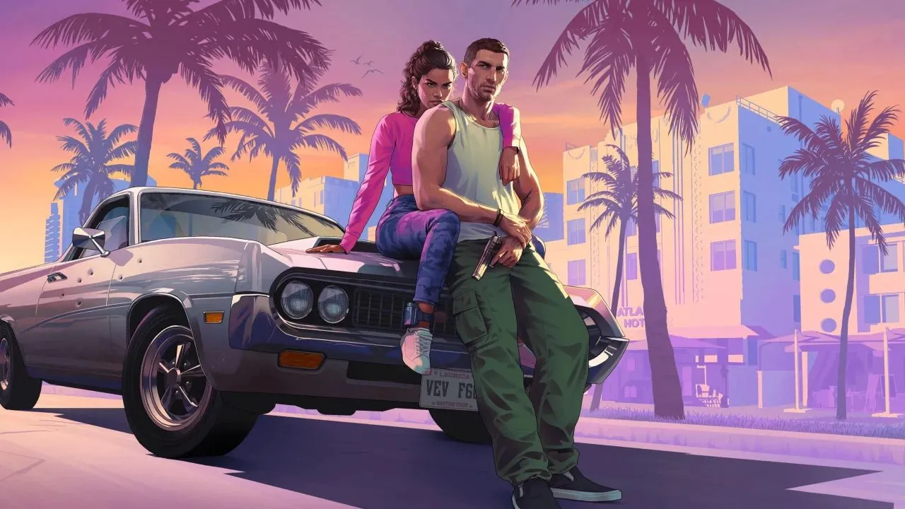 Ảnh bìa chính thức của GTA 6 với khung cảnh hoàng hôn và hai nhân vật chính