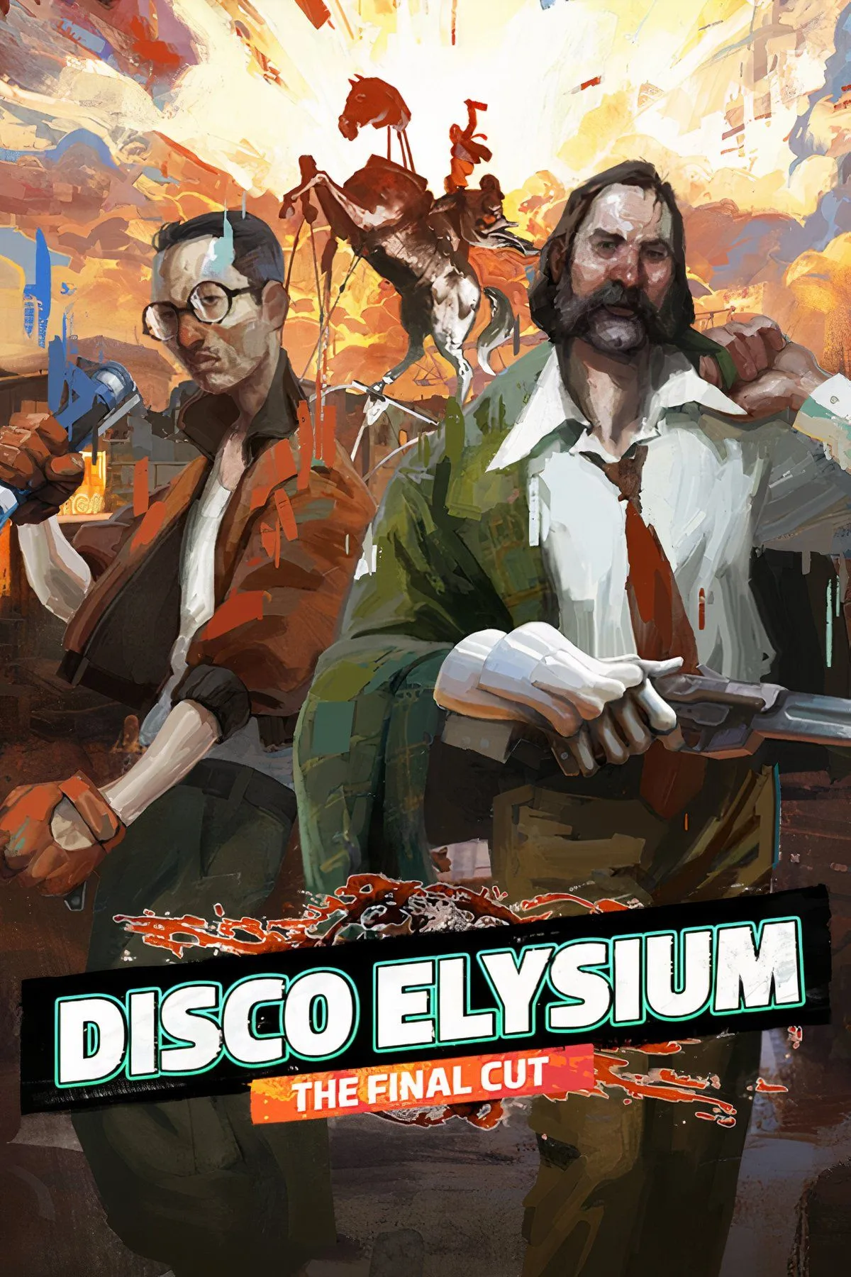 Ảnh bìa quảng bá cho tựa game Disco Elysium với các nhân vật và bối cảnh đặc trưng.