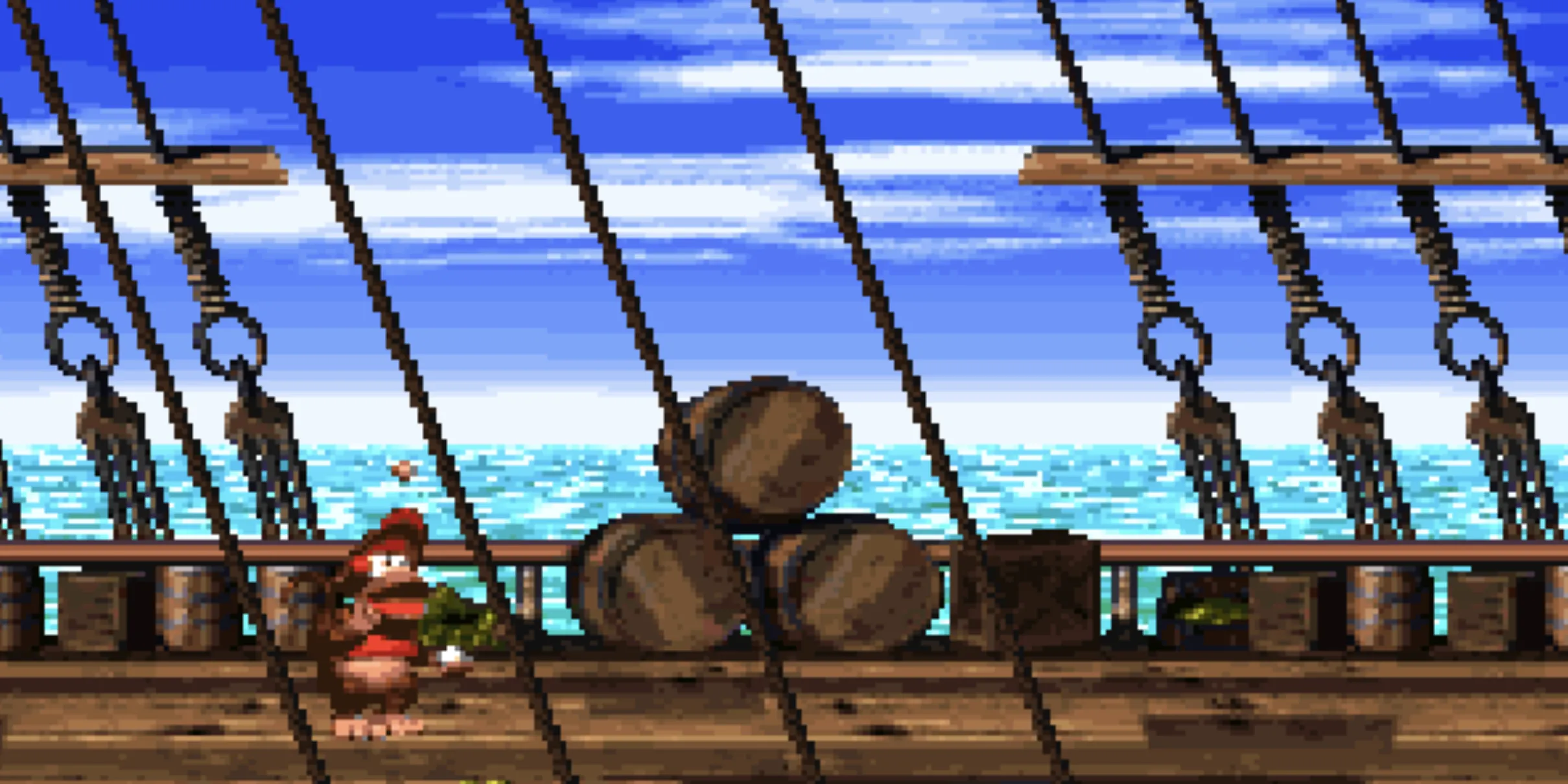 Ảnh chụp màn hình Diddy Kong và Dixie Kong trong một màn chơi của Donkey Kong Country 2: Diddy's Kong Quest