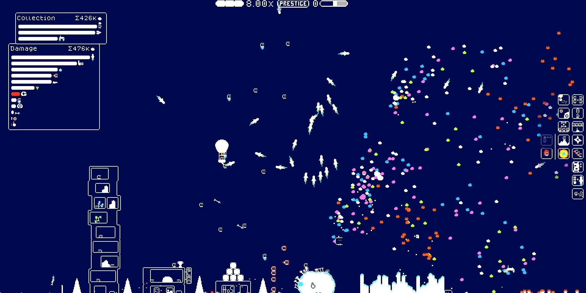 Ảnh chụp màn hình game (the) Gnorp Apologue với các gnorp đang phá đá và hiệu ứng tên lửa