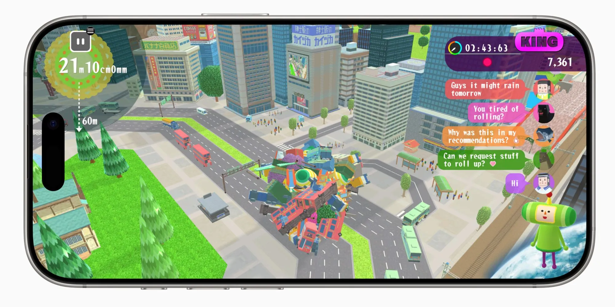 Ảnh chụp màn hình gameplay Katamari Damacy Rolling LIVE trên iPhone với quả cầu Katamari đang lăn