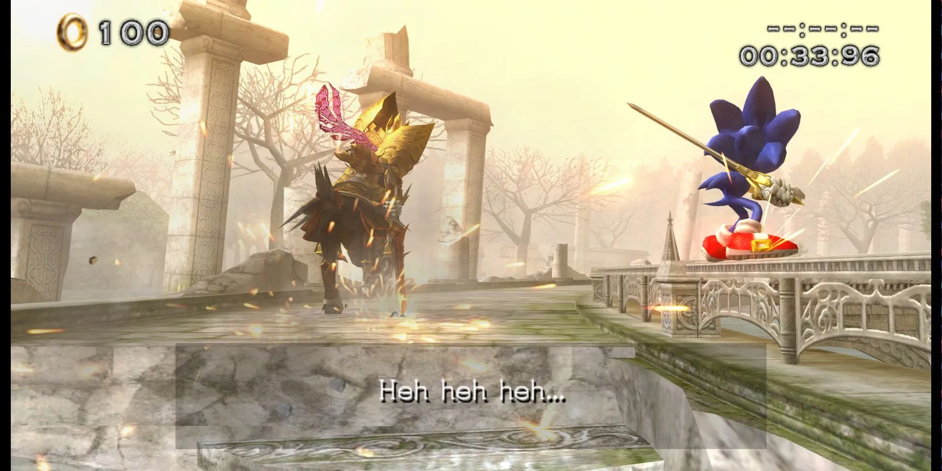 Ảnh chụp màn hình Sonic and the Black Knight với Sonic lướt trên đường ray đuổi theo Vua Arthur