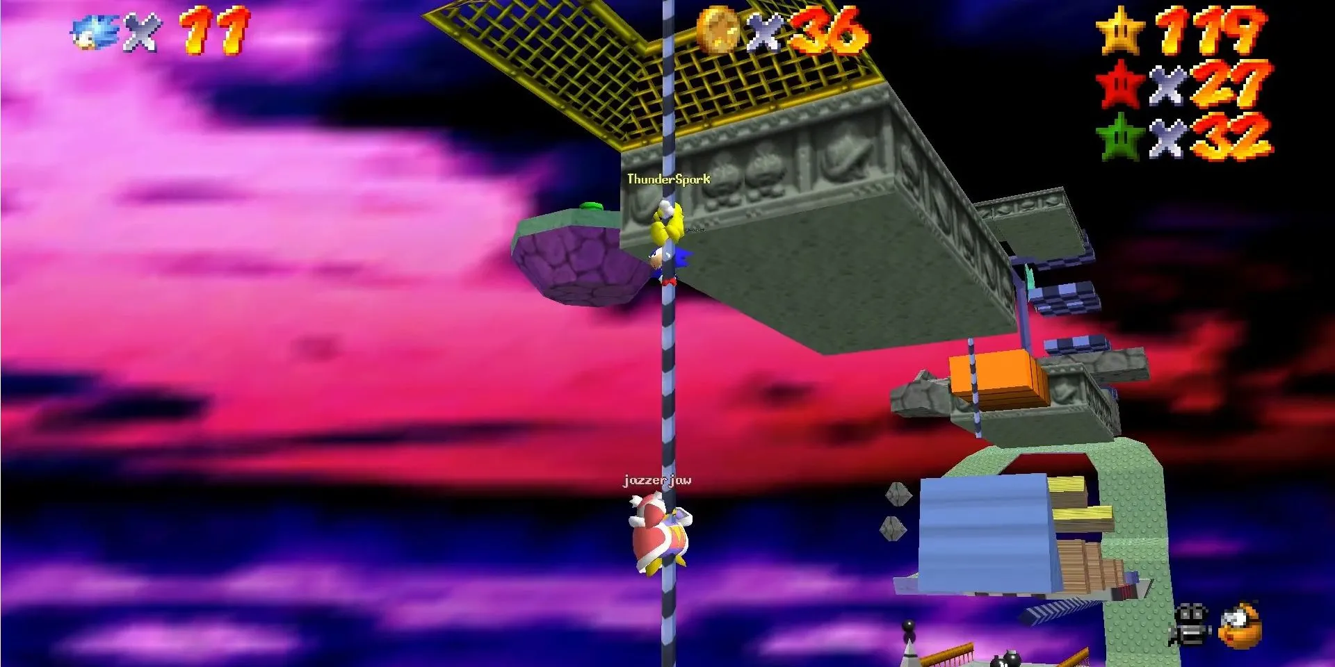 Ảnh chụp màn hình Super Mario 64 Co-op DX với Sonic, King Dedede và Mega Man X trong màn Bowser
