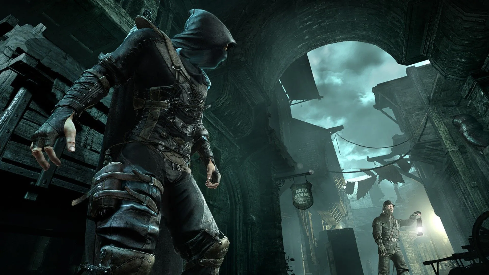 Ảnh chụp màn hình Thief 2014 với Garrett ẩn mình trong bóng tối