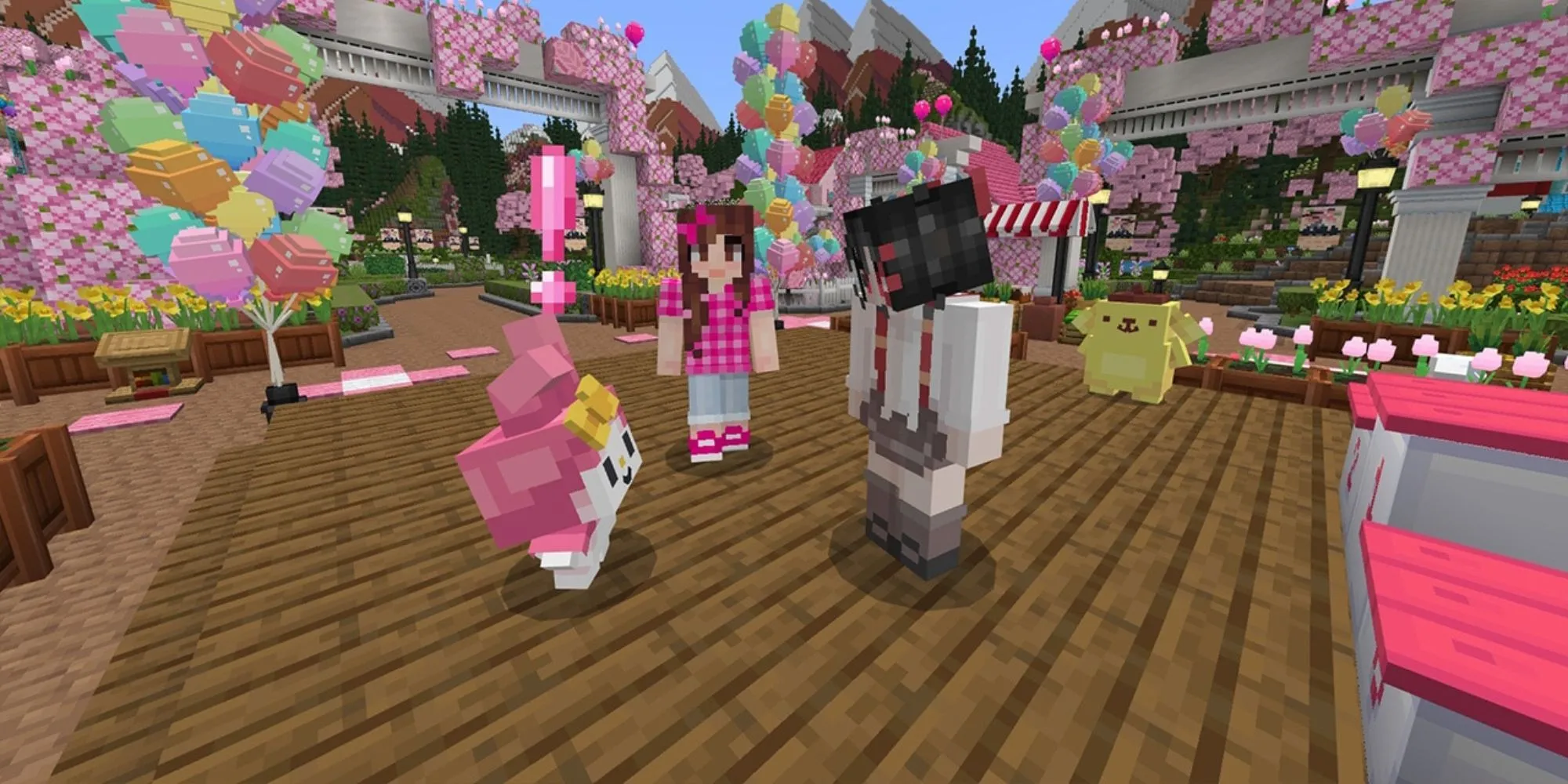 Ảnh chụp màn hình trong game Minecraft với gói DLC Hello Kitty And Friends đầy màu sắc