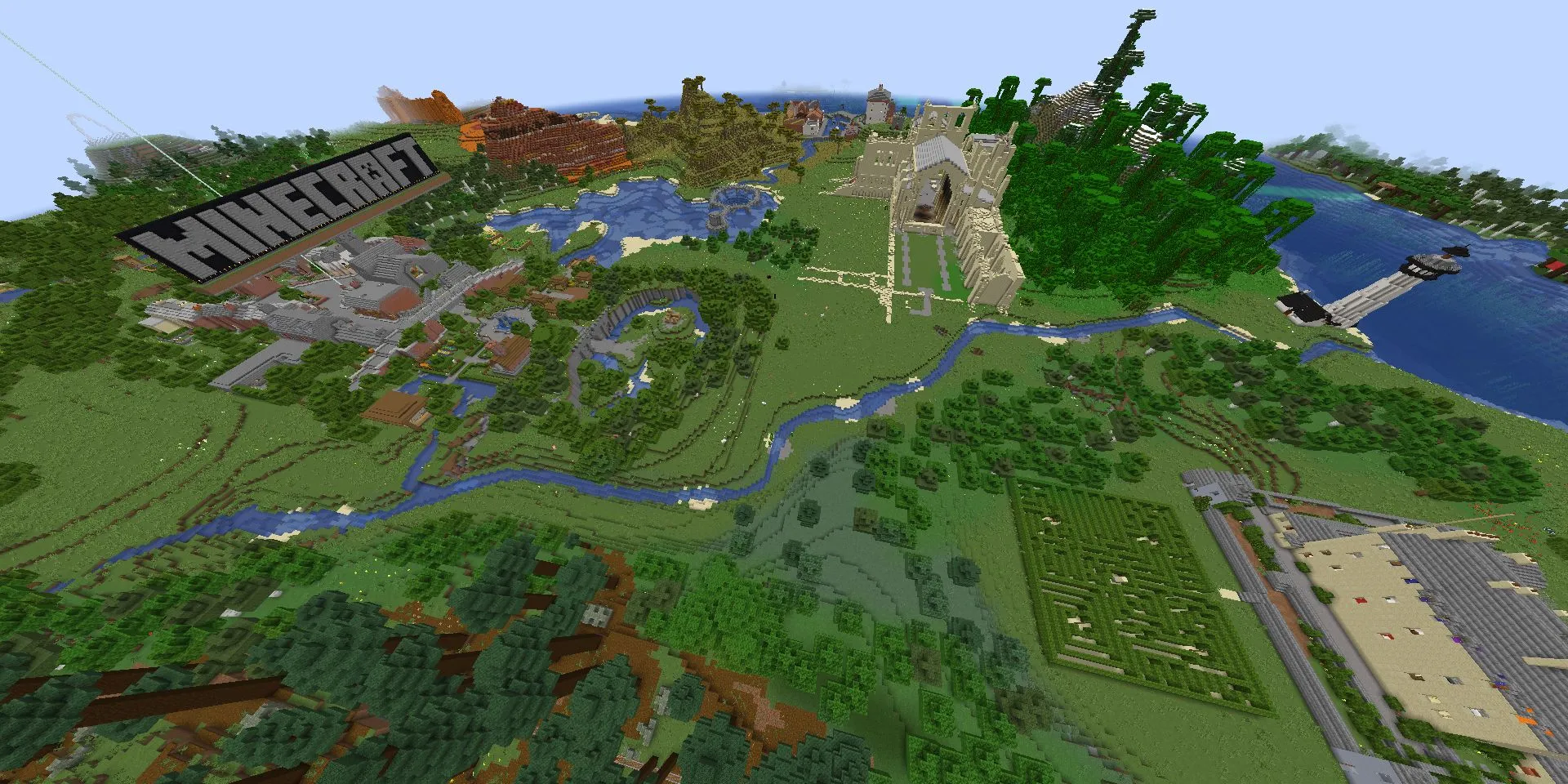 Ảnh chụp tổng quan Bản đồ Hướng dẫn của Minecraft Legacy Console Edition, với các lâu đài, công trình và logo Minecraft trong tầm mắt.