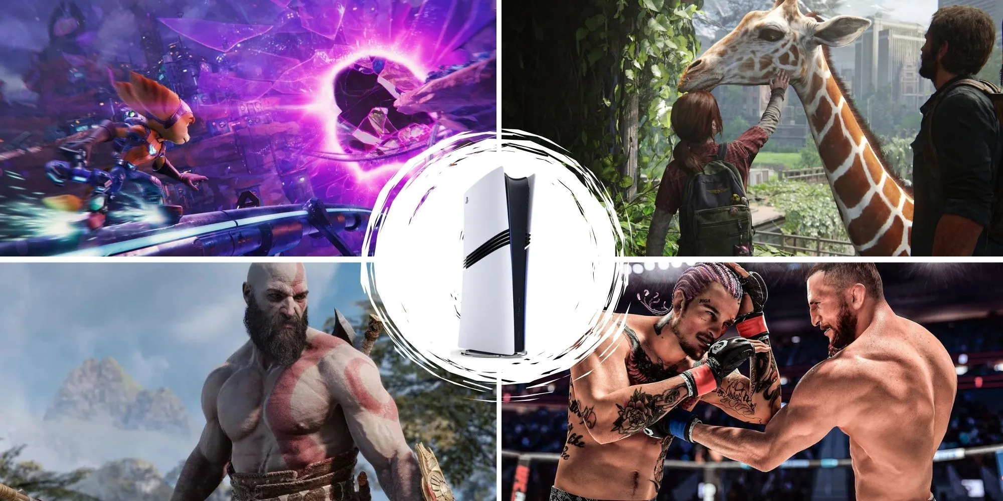 Ảnh collage minh họa console PlayStation 5 Pro và các tựa game như The Last of Us, God of War Ragnarok, đối tượng có thể bị ảnh hưởng bởi thuế quan và tăng giá