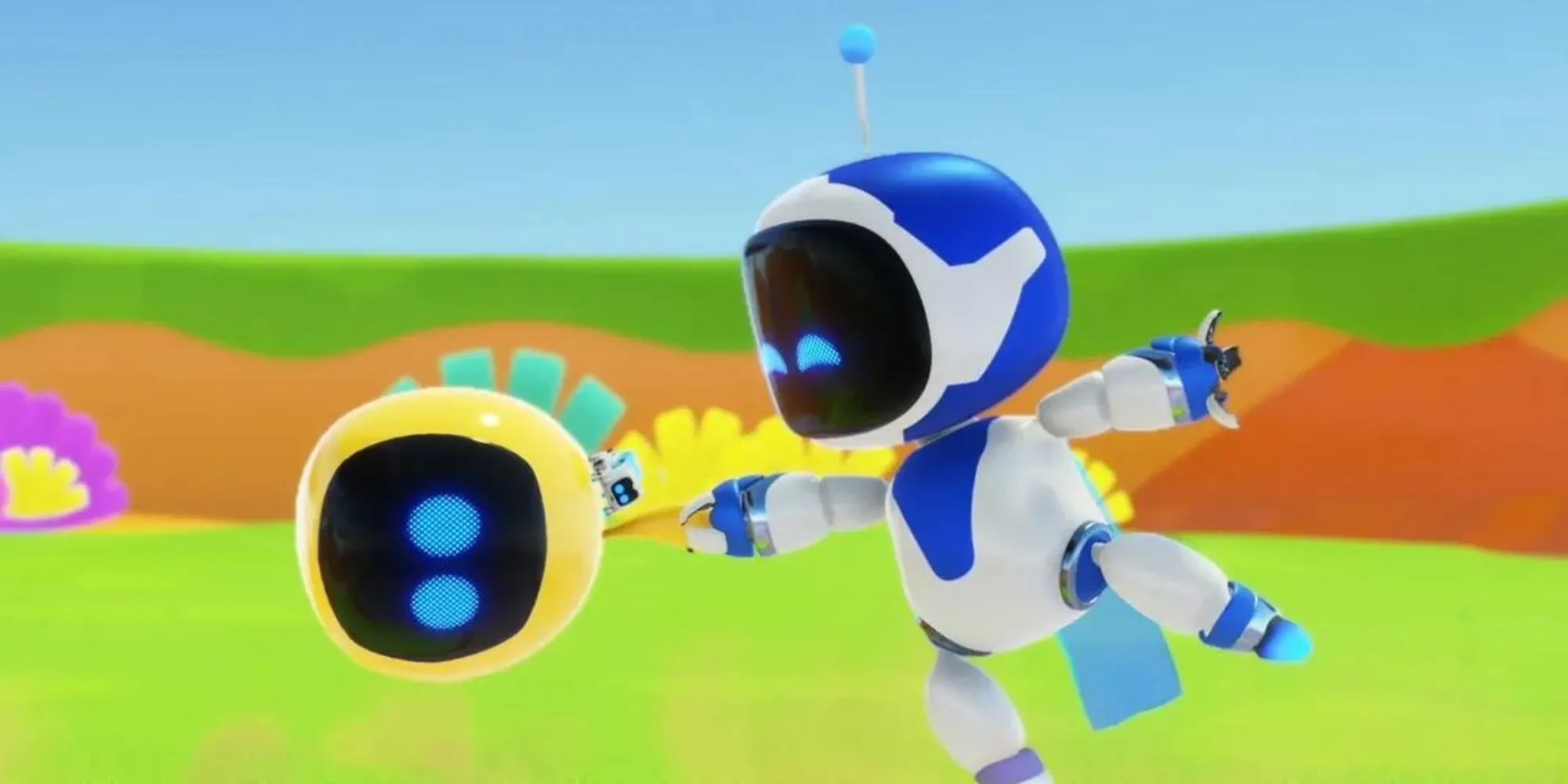 Astro Bot bay lượn trong một màn chơi đầy màu sắc và chướng ngại vật, thể hiện sự năng động của gameplay.