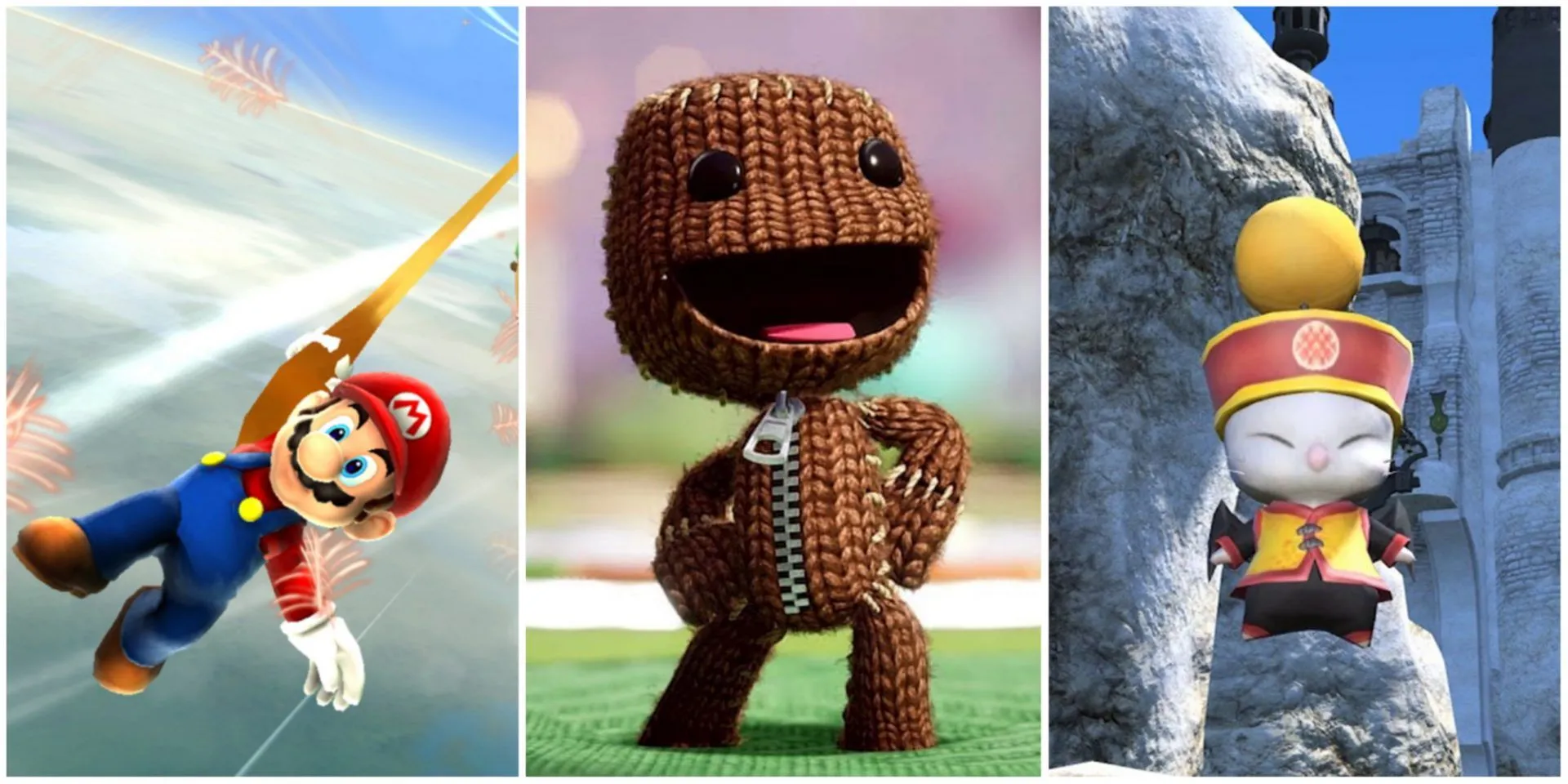 Ba biểu tượng game: Mario (Nintendo), Sackboy (PlayStation), Moogle (Final Fantasy)
