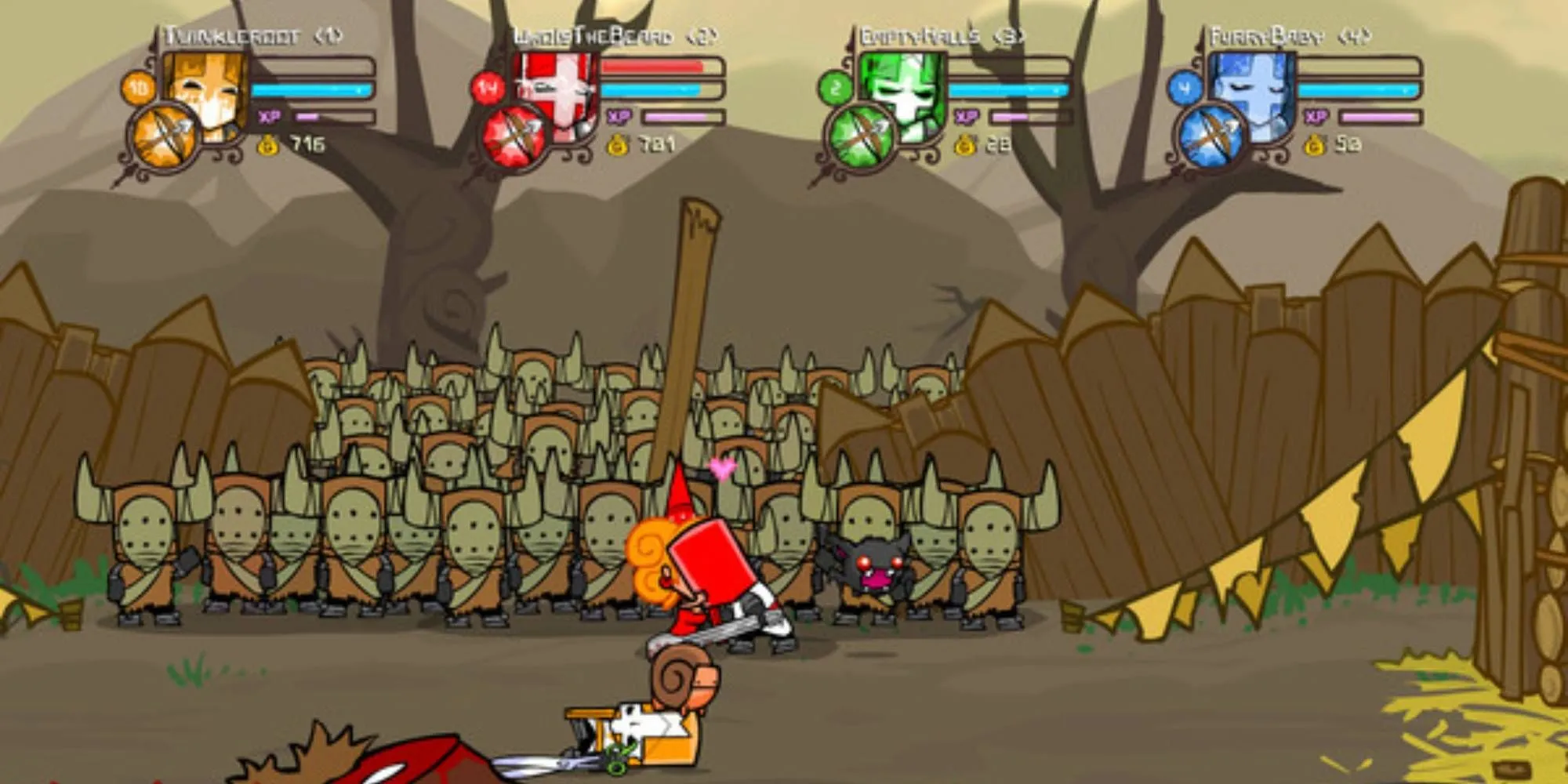 Ba hiệp sĩ đầy màu sắc trong Castle Crashers chiến đấu chống lại kẻ thù