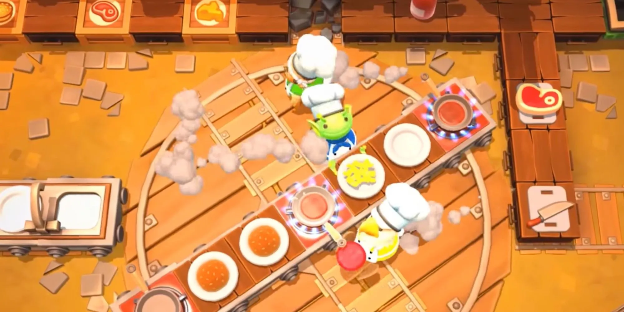 Ba người chơi đang cố gắng nấu ăn trong một nhà bếp hỗn loạn của Overcooked