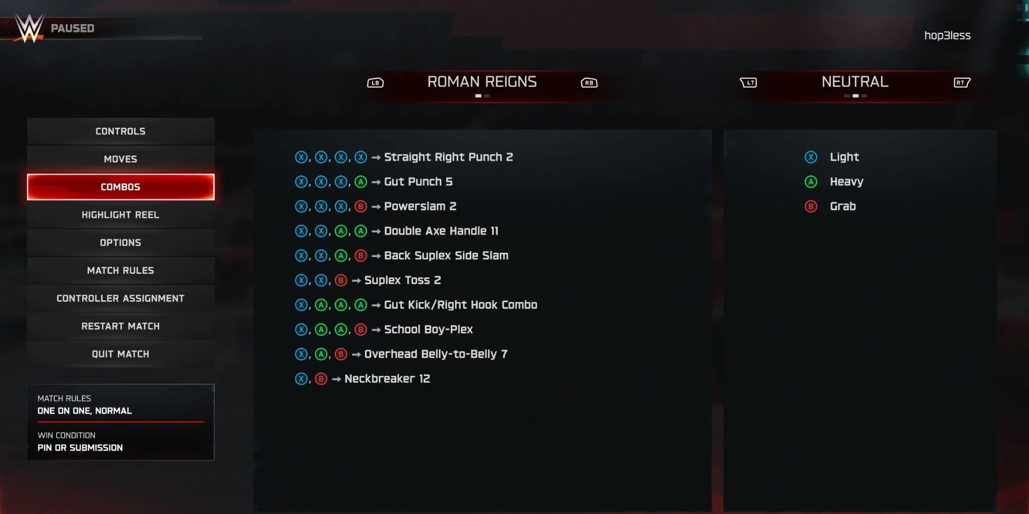 Bảng chiêu thức combo của Roman Reigns hiển thị trong WWE 2K25