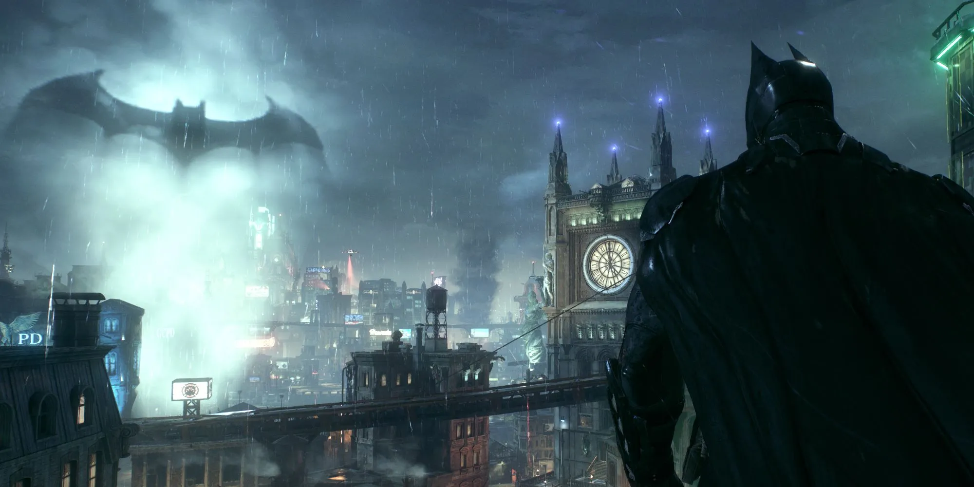 Batman nhìn bao quát thành phố Arkham City từ trên cao trong game Batman Arkham City