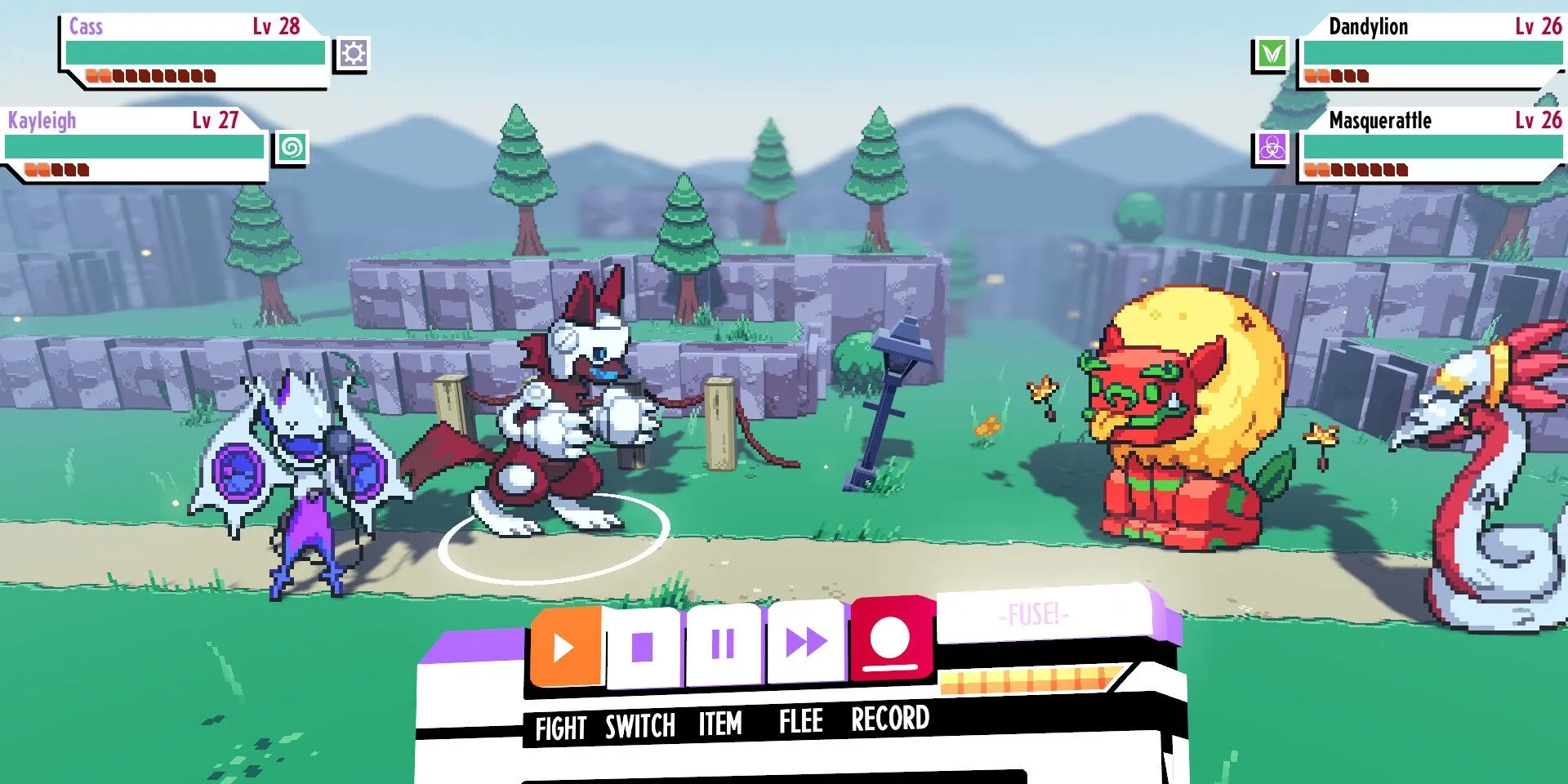 Battling monsters in Cassette Beasts