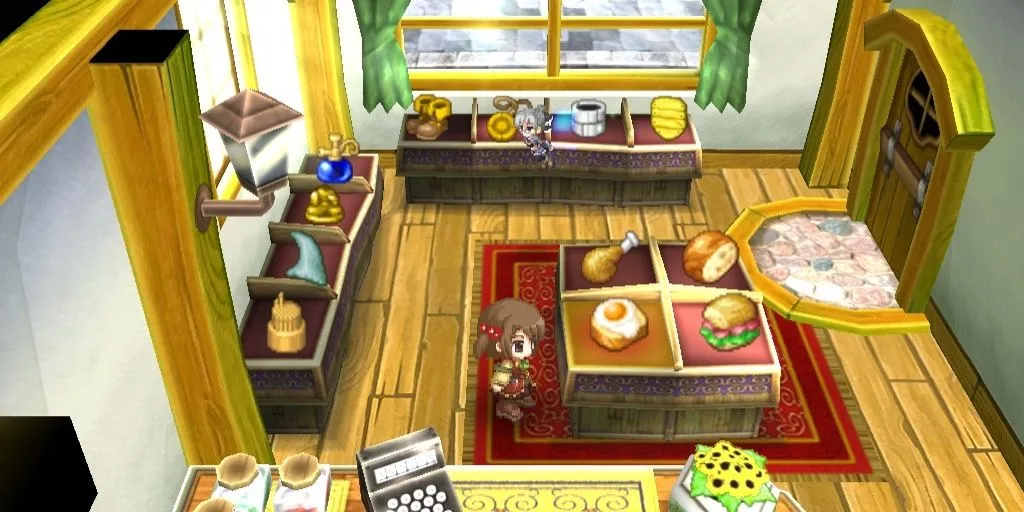 Bên trong cửa hàng vật phẩm được trang trí bắt mắt trong Recettear An Item Shop's Tale