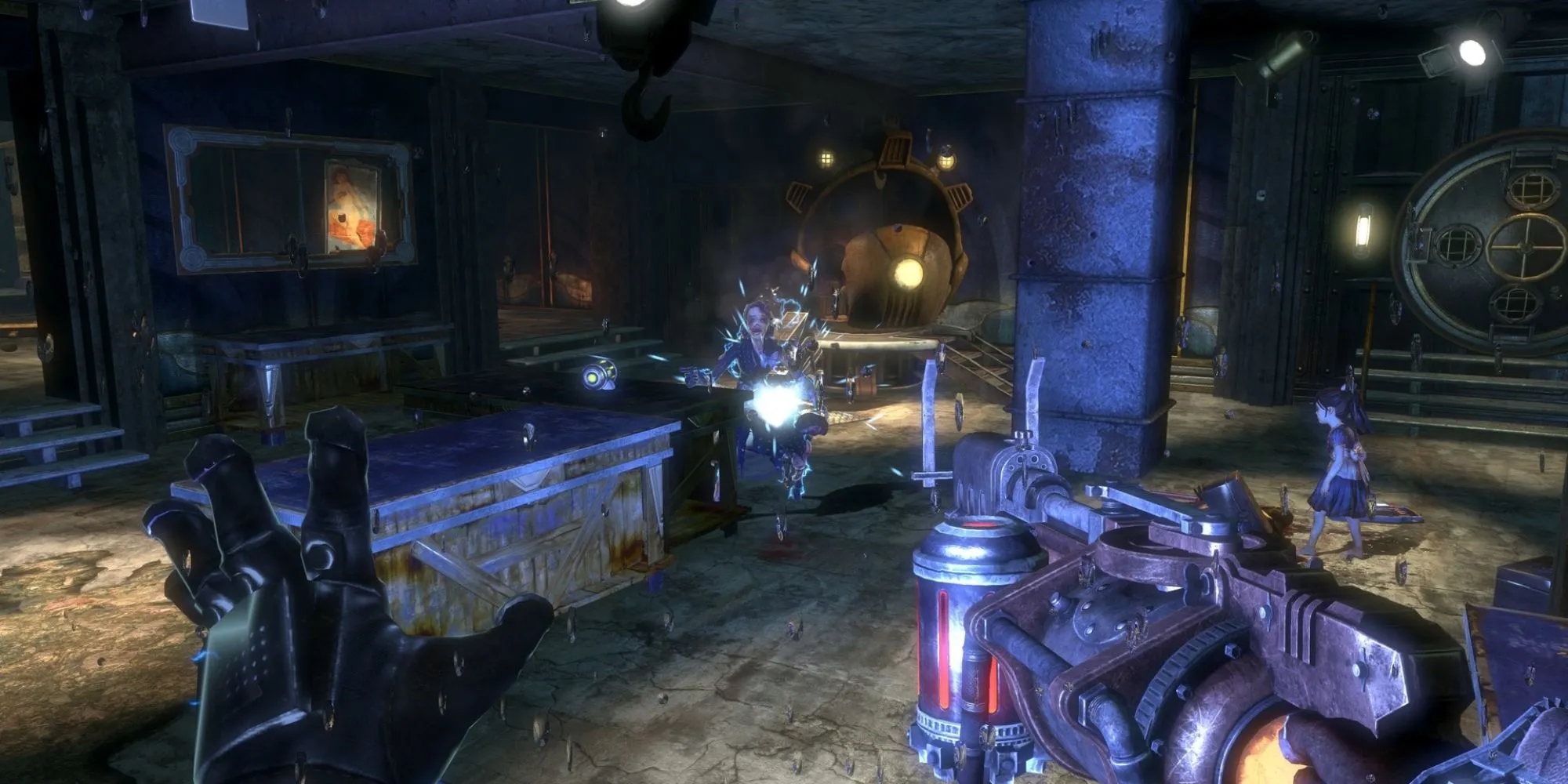 Big Daddy và Little Sister trong một cảnh tối tăm của thành phố Rapture, BioShock 2 multiplayer tệ