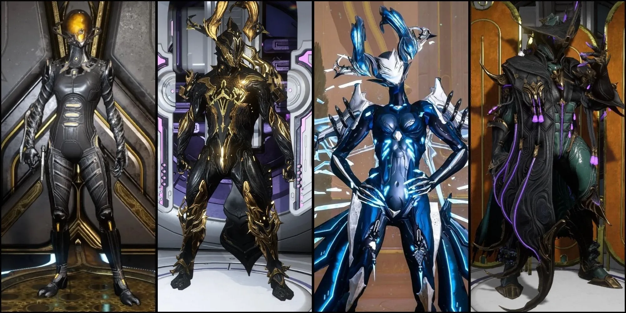 Bốn Warframe được tùy chỉnh độc đáo bởi người chơi, thể hiện sự sáng tạo trong Fashion Frame