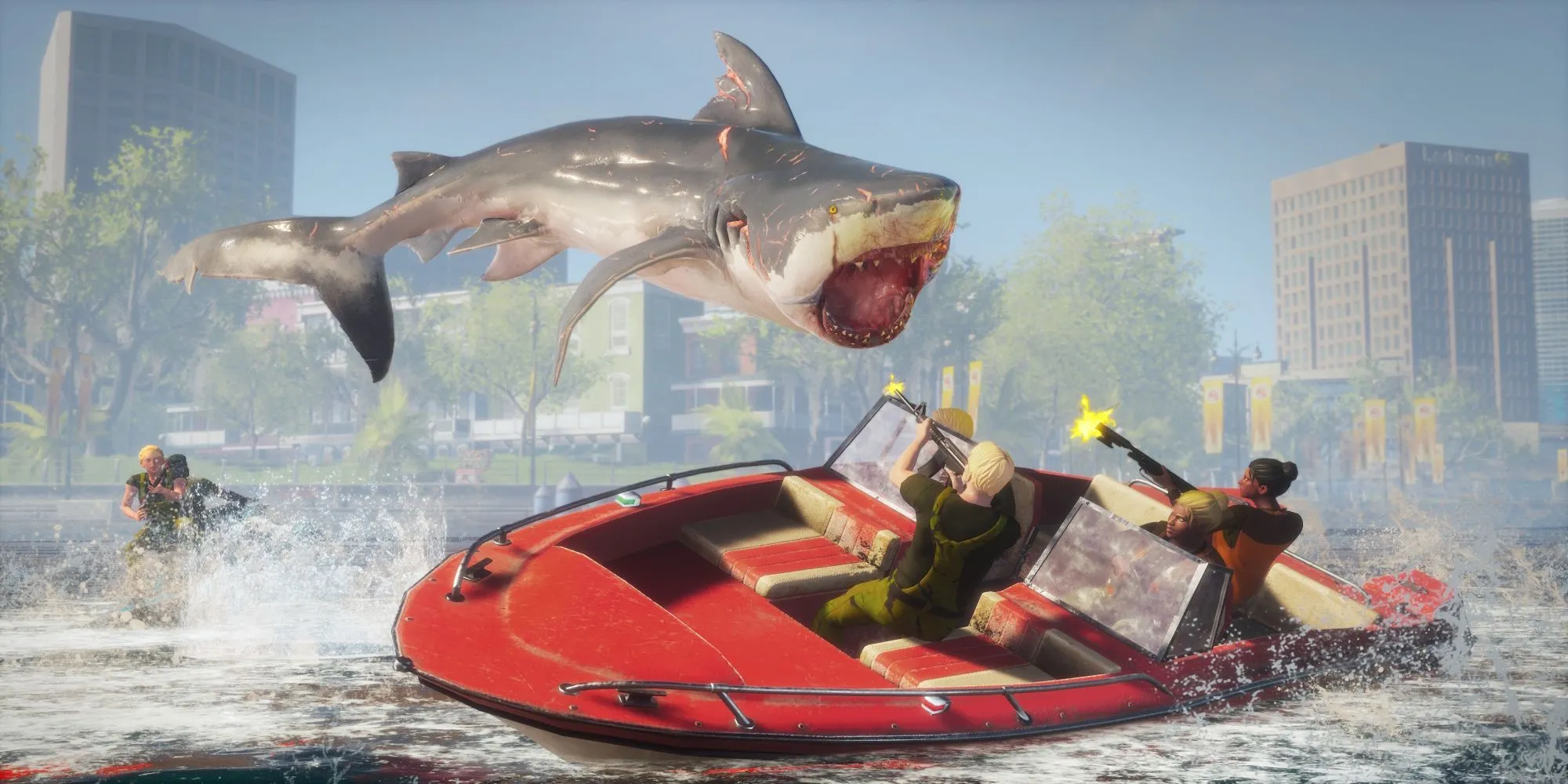 Cá mập đang tấn công thuyền trong game Maneater
