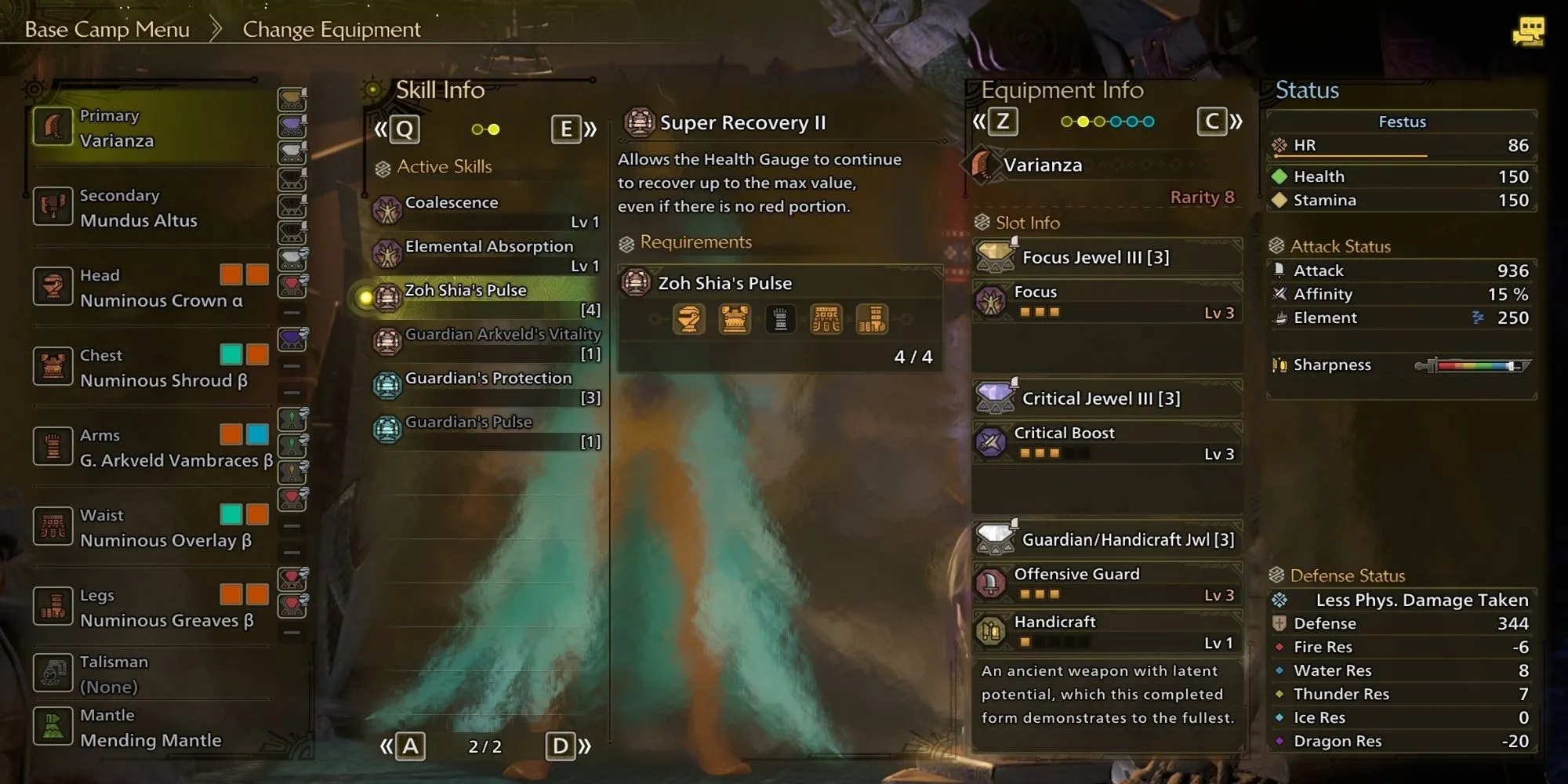 Các kỹ năng nhận được từ bộ giáp Zoh Shia trong menu ở giai đoạn cấp cao Monster Hunter Wilds