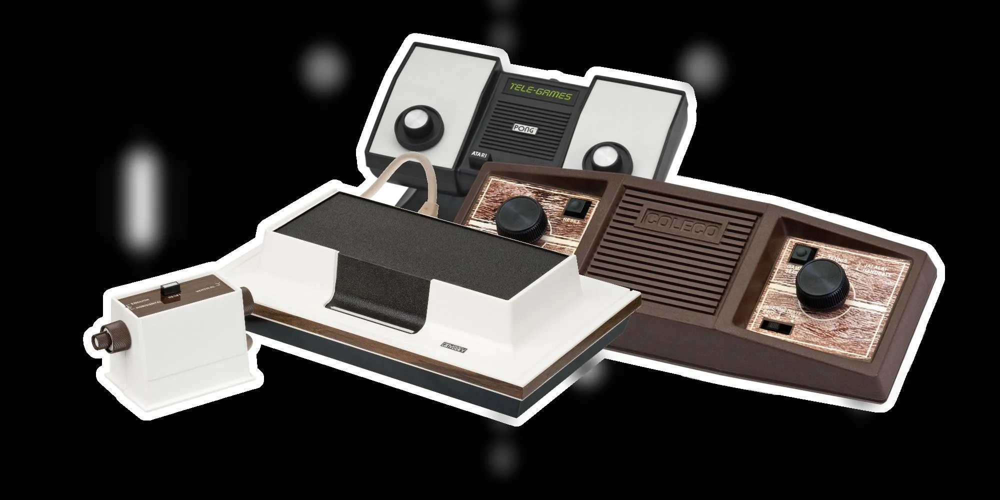 Các máy chơi game thế hệ thứ nhất, bao gồm Magnavox Odyssey, Pong và Coleco Telstar.