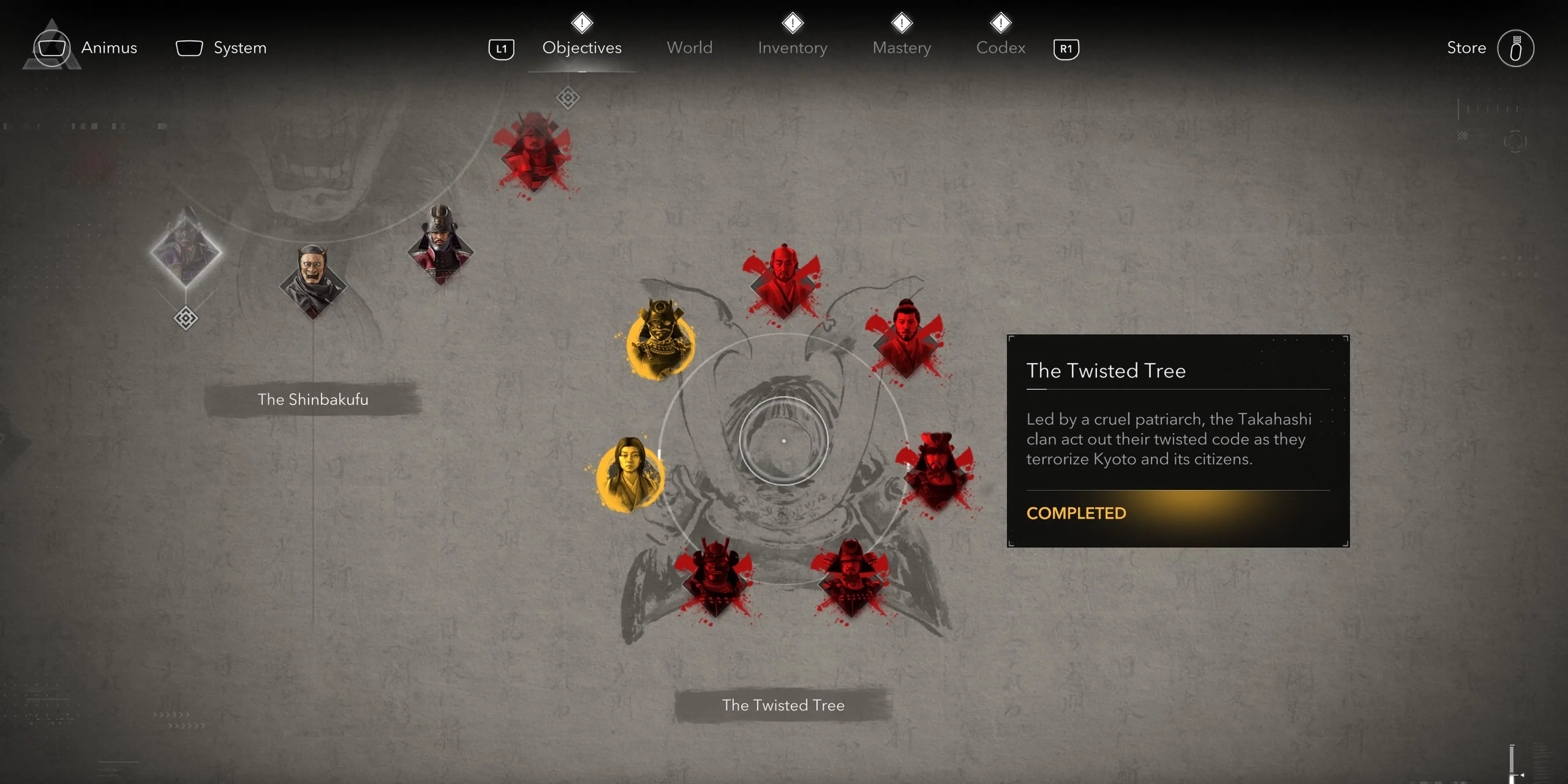 Các mục tiêu Samurai thuộc nhóm Twisted Tree trên bảng nhiệm vụ Assassin's Creed Shadows