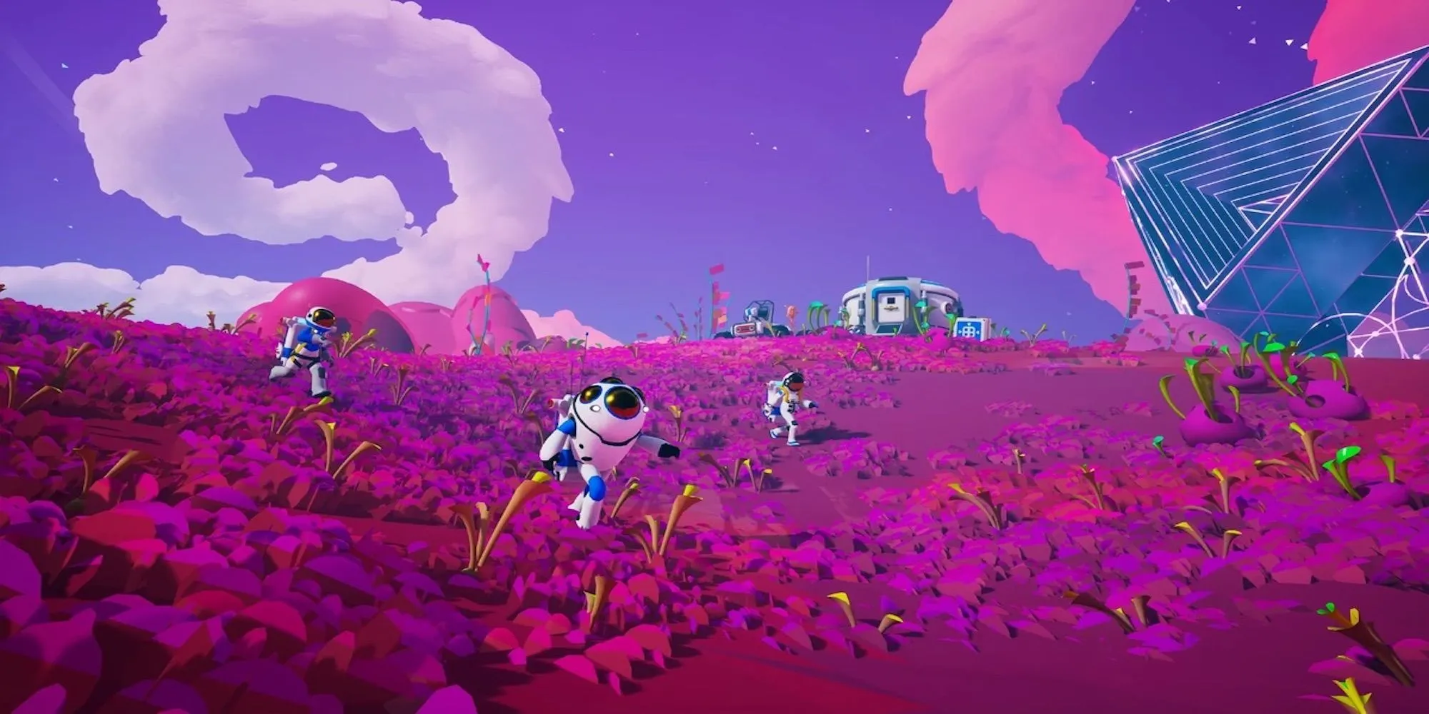 Các phi hành gia Astroneer đang chạy trên một hành tinh kỳ lạ màu tím