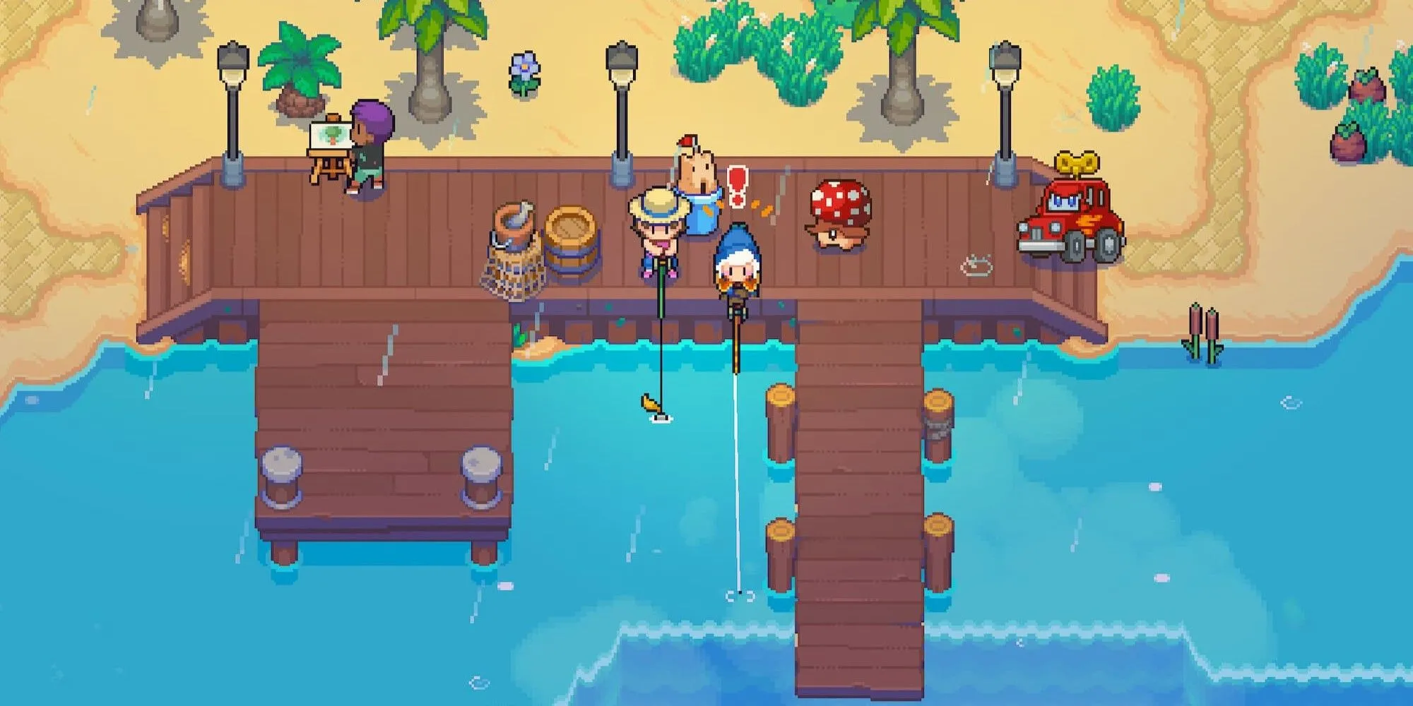 Cảnh câu cá thư giãn trên hòn đảo huyền bí trong game Moonstone Island