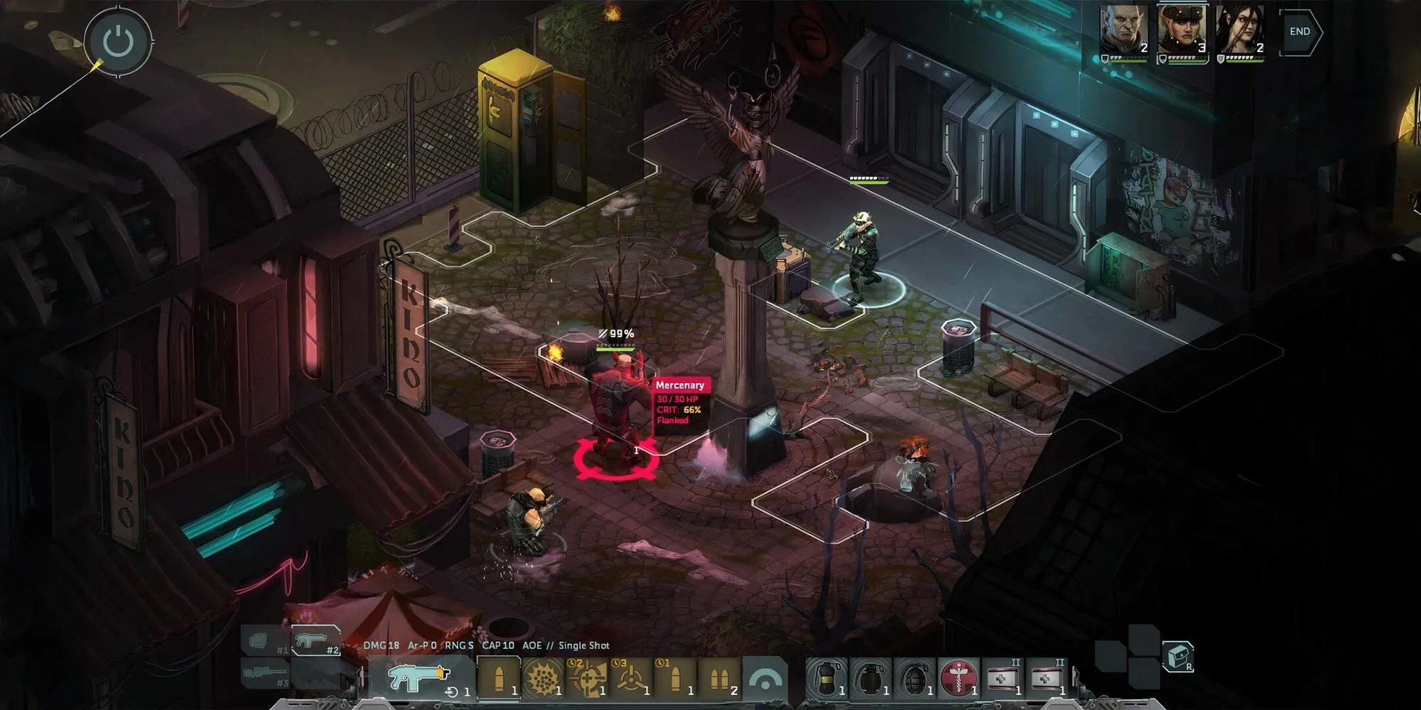 Cảnh chiến đấu chiến thuật trong Shadowrun Dragonfall với nhân vật sử dụng kỹ năng và súng