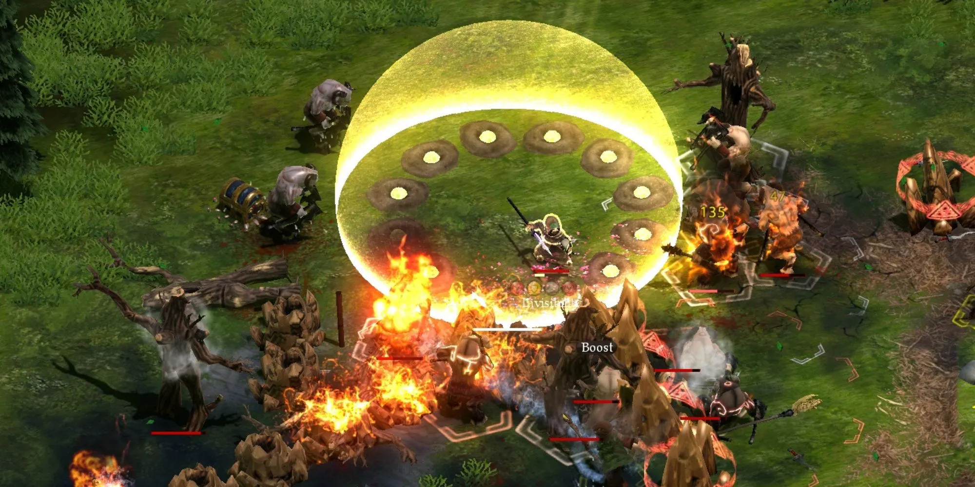 Cảnh chiến đấu hỗn loạn sử dụng phép thuật kết hợp nguyên tố trong game Magicka, nơi teamkill là chuyện thường