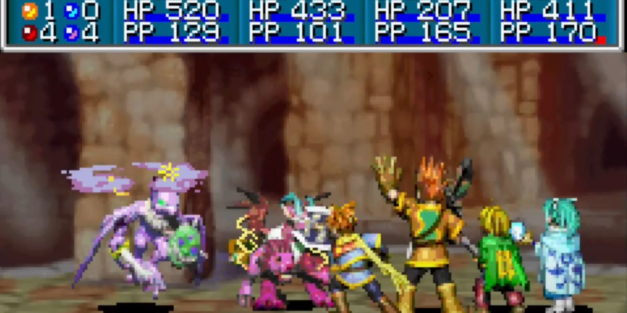 Cảnh chiến đấu trong game JRPG Golden Sun trên Game Boy Advance