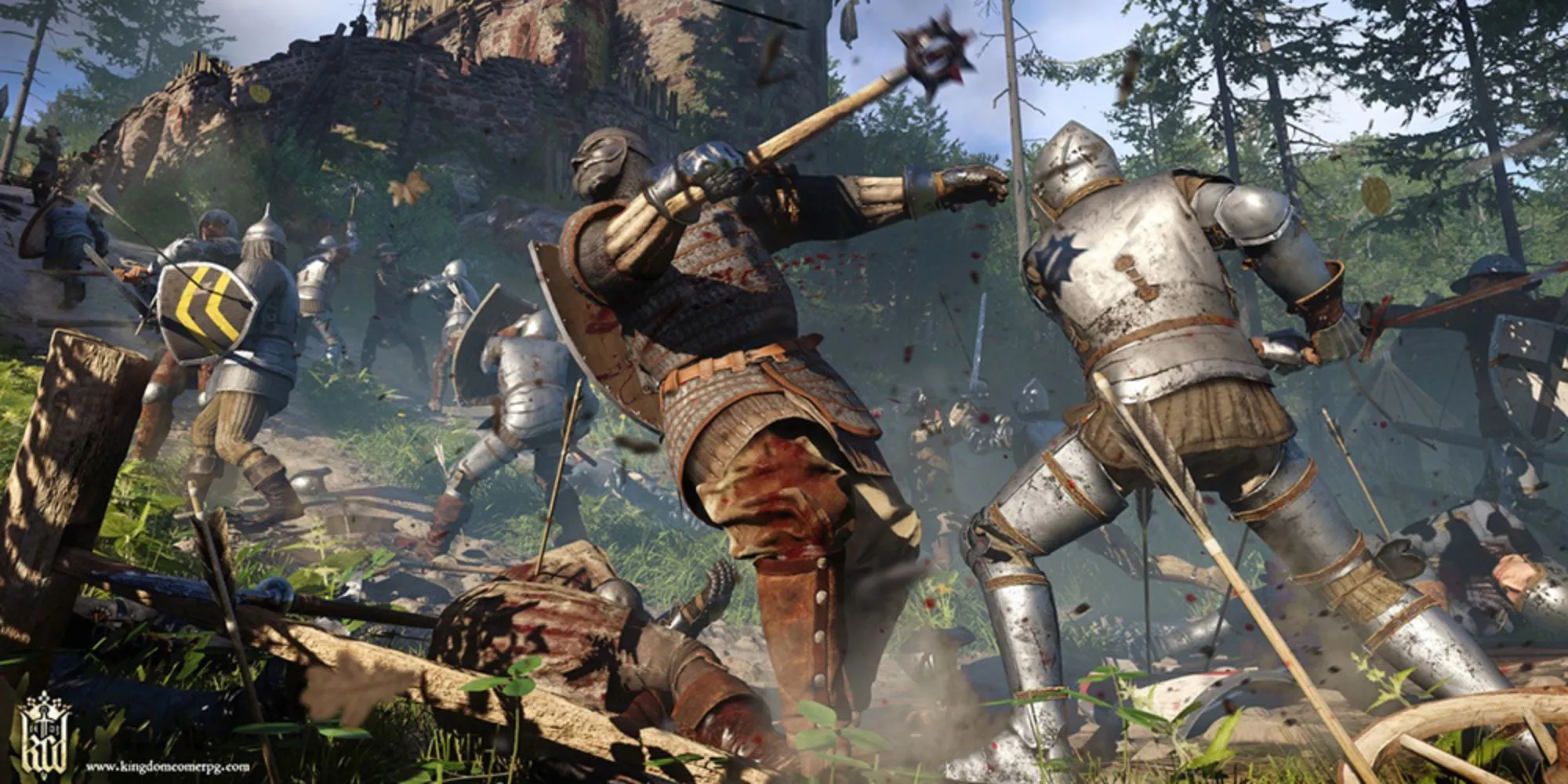 Cảnh chiến đấu trong Kingdom Come: Deliverance, hiệp sĩ dùng chùy tấn công kẻ địch