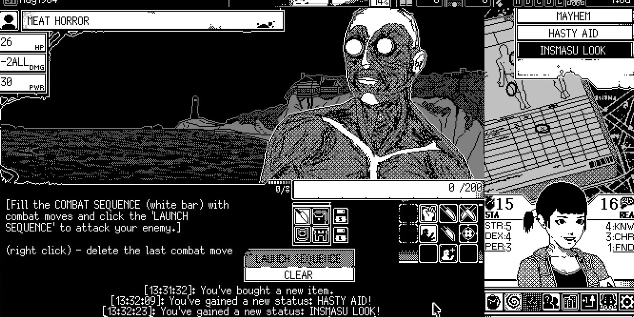 Cảnh chiến đấu với một quái vật thịt trong game World of Horror với đồ họa 1-bit