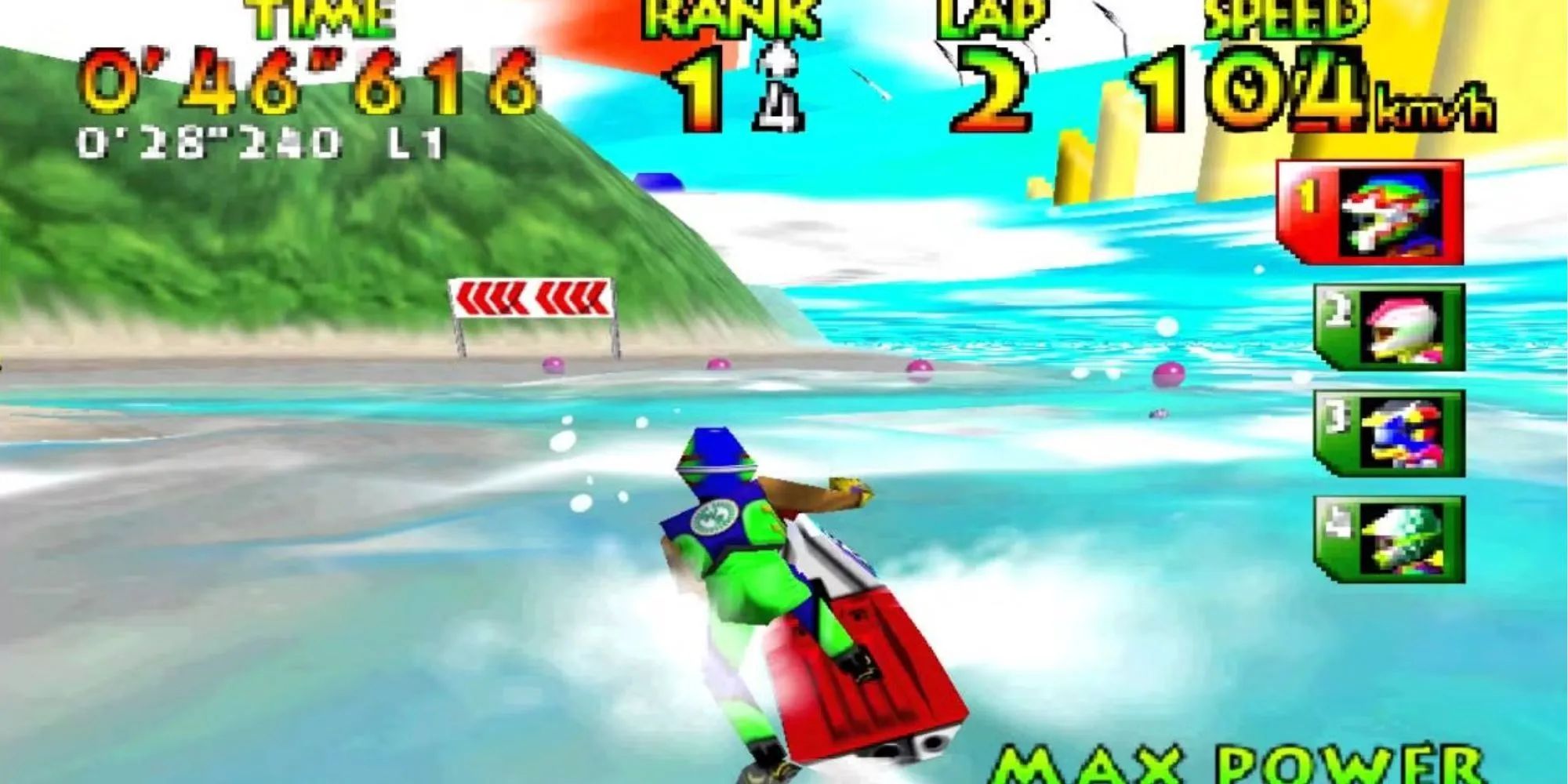 Cảnh chơi game đua mô tô nước Wave Race 64 trên Nintendo 64