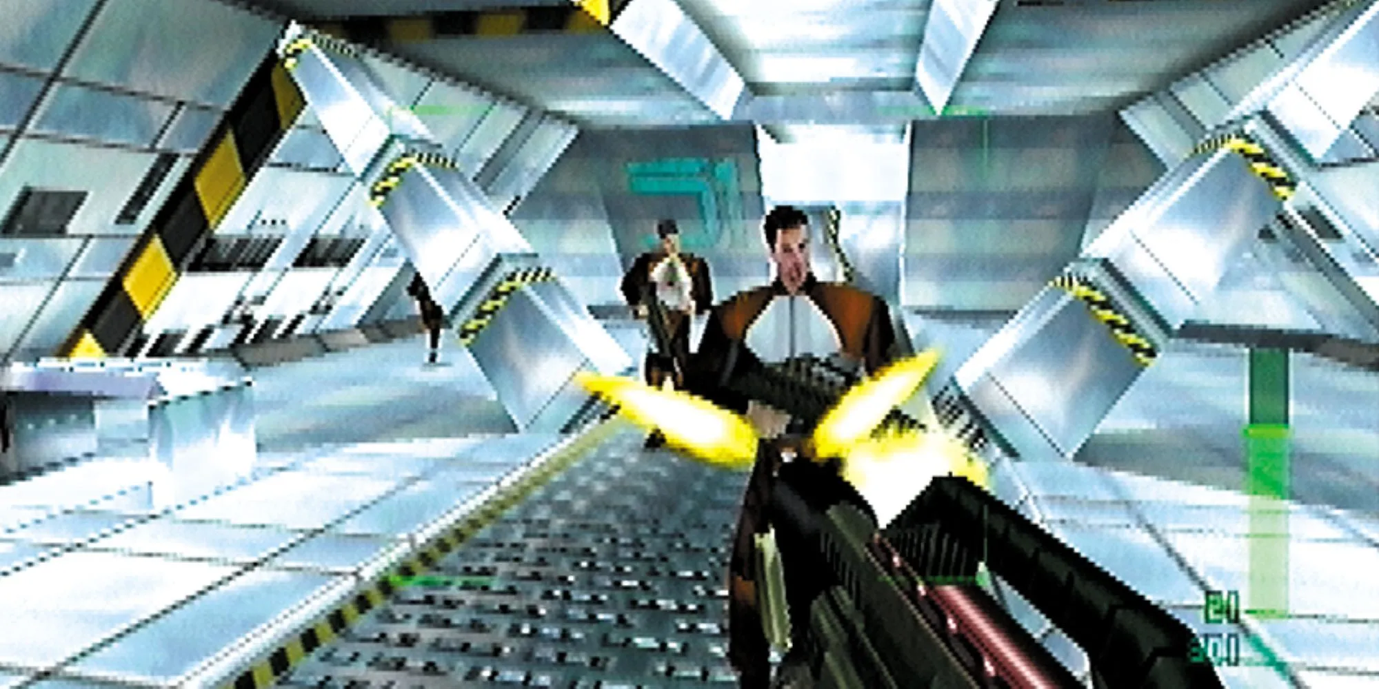 Cảnh hành động trong game Perfect Dark trên hệ máy Nintendo 64, Joanna Dark đang chiến đấu