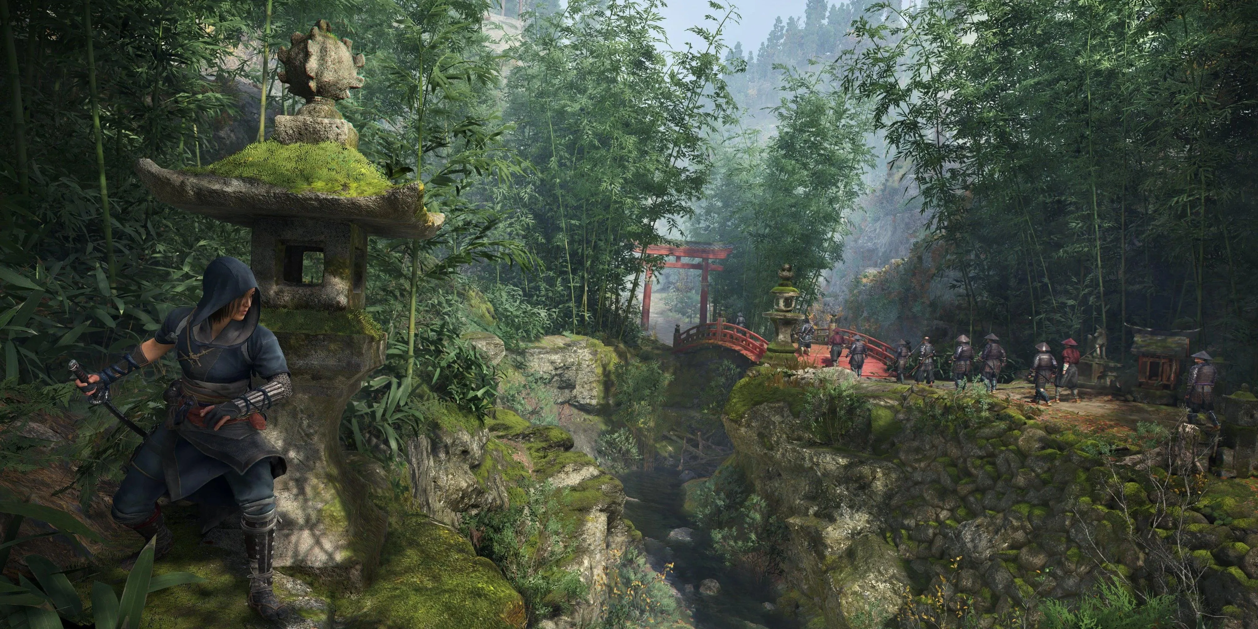Cảnh Naoe và Yasuke trong Assassin's Creed Shadows phục kích mùa hè