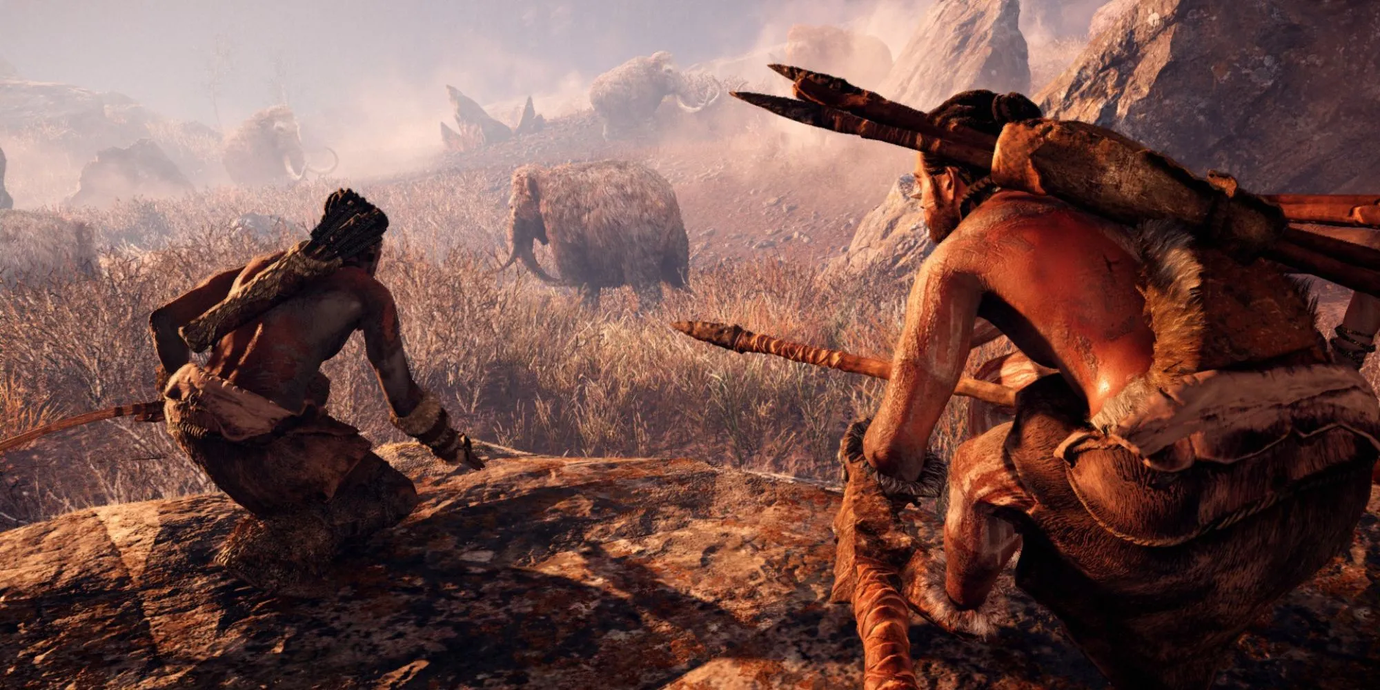 Cảnh săn voi ma mút hoành tráng trong Far Cry Primal, tái hiện cuộc sống khắc nghiệt thời tiền sử.