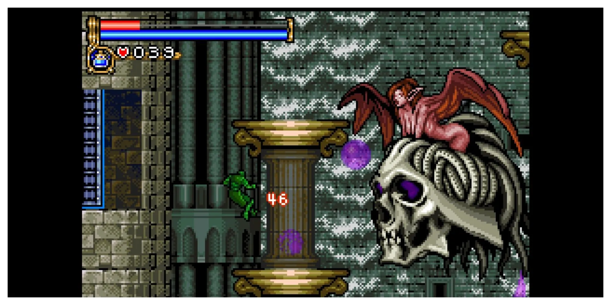 Carmilla, nữ bá tước ma cà rồng, cưỡi trên một hộp sọ khổng lồ tấn công Nathan trong Castlevania: Circle of the Moon