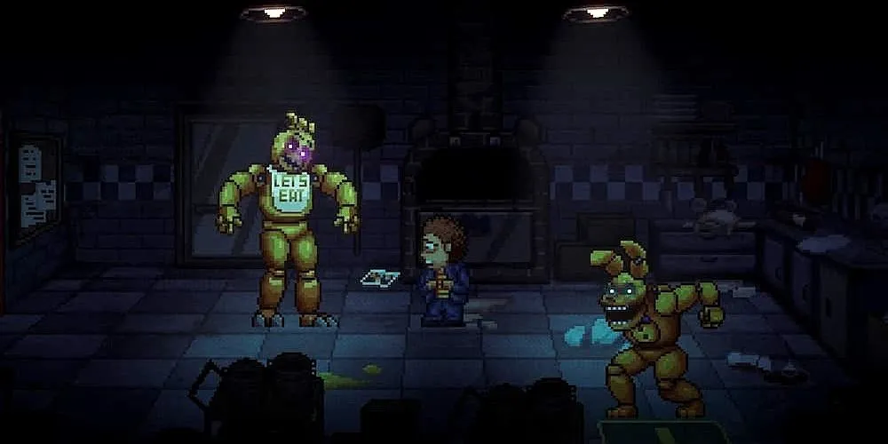 Chica và Thỏ Vàng trong Five Nights at Freddy s Into the Pit đang đối diện với người chơi