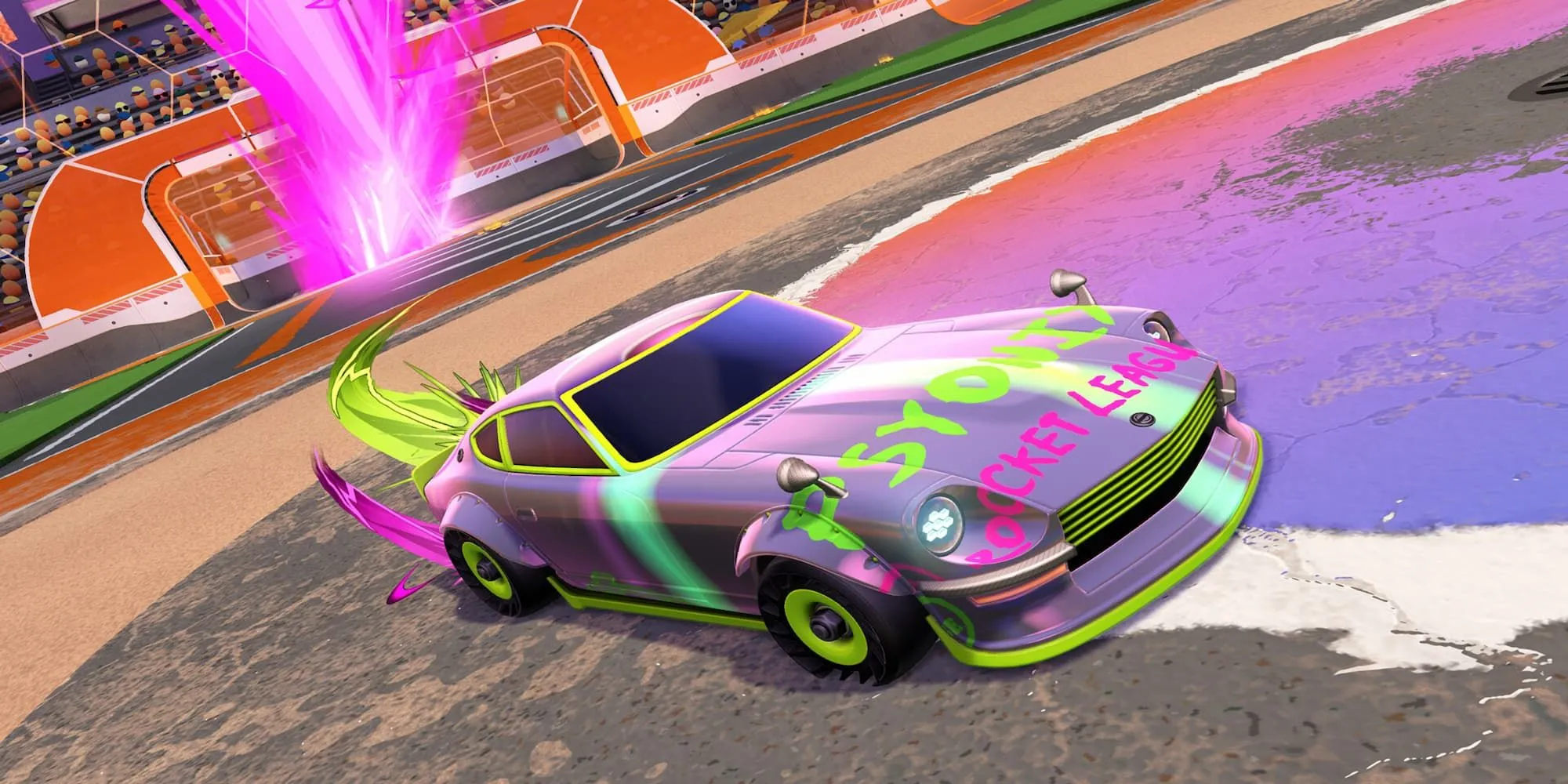 Chiếc xe Rocket League được tùy biến với decal và phụ kiện nổi bật trong gara