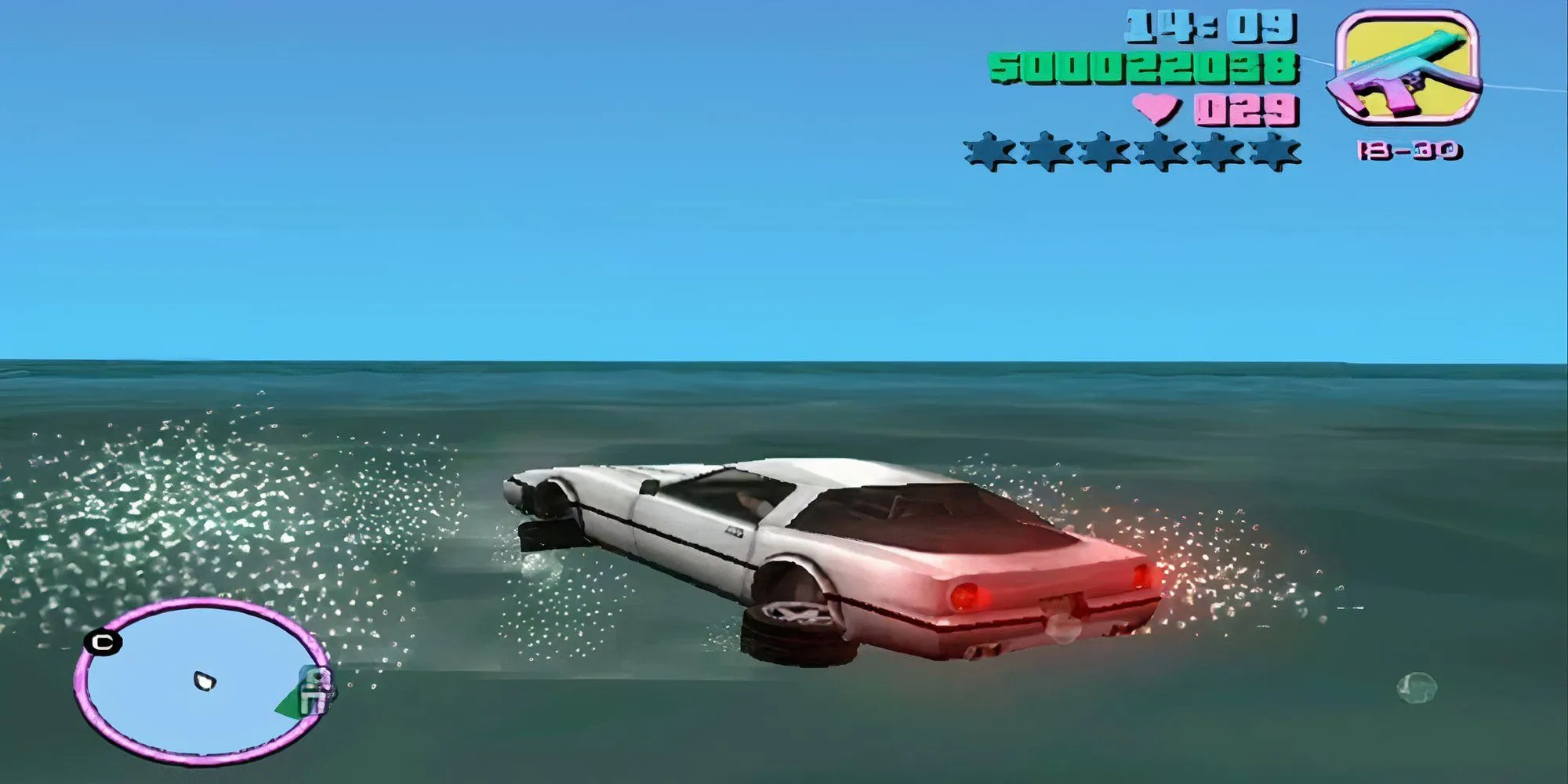 Chiếc xe Vice City chạy trên mặt nước, minh họa mã cheat SEAWAYS