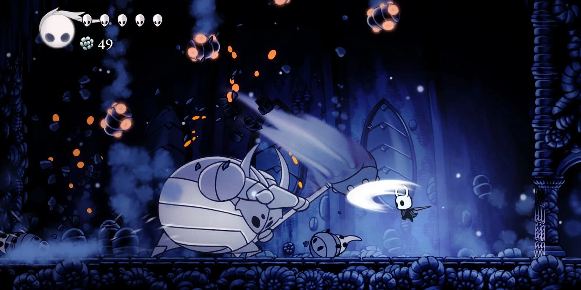 Chiến đấu với một con bọ khổng lồ trong Hollow Knight