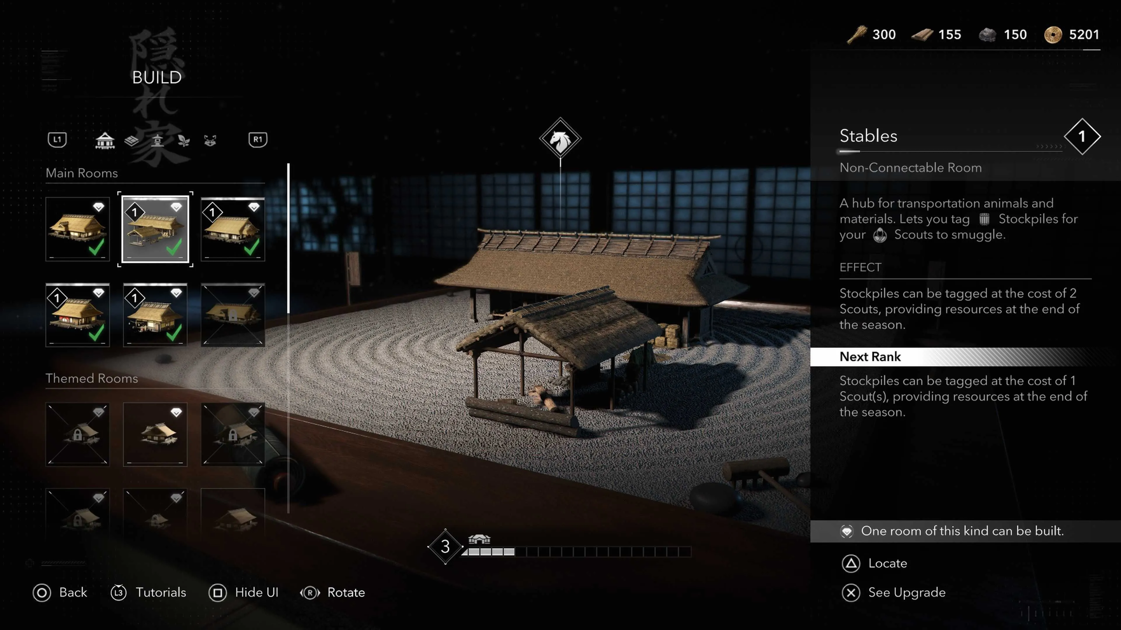 Chuồng ngựa trong căn cứ Assassin's Creed Shadows, nơi quản lý tài nguyên thu thập được