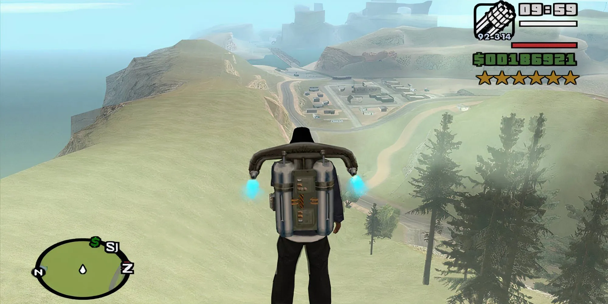 CJ bay lượn trên trời với chiếc jetpack trong GTA San Andreas, biểu tượng của mã ROCKETMAN