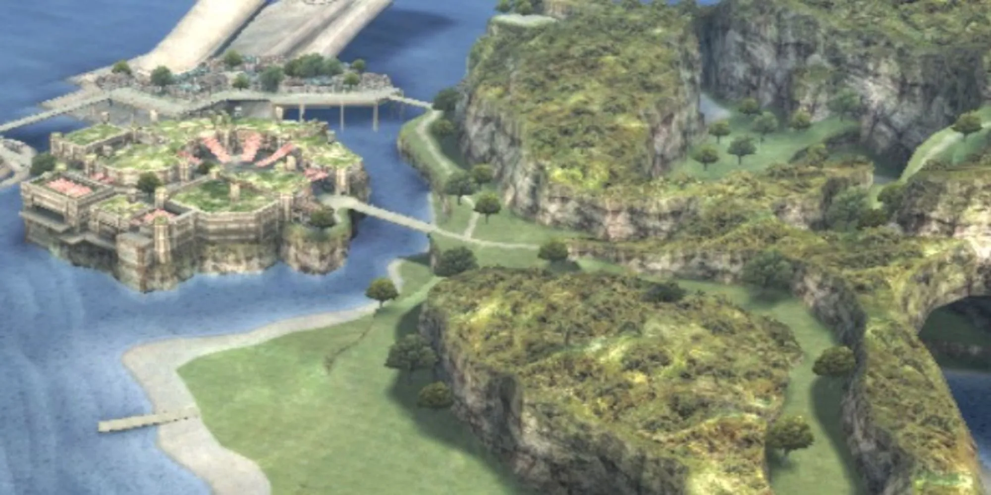 Colony 9 sau đoạn credit trong Xenoblade Chronicles 1 với kiến trúc độc đáo.