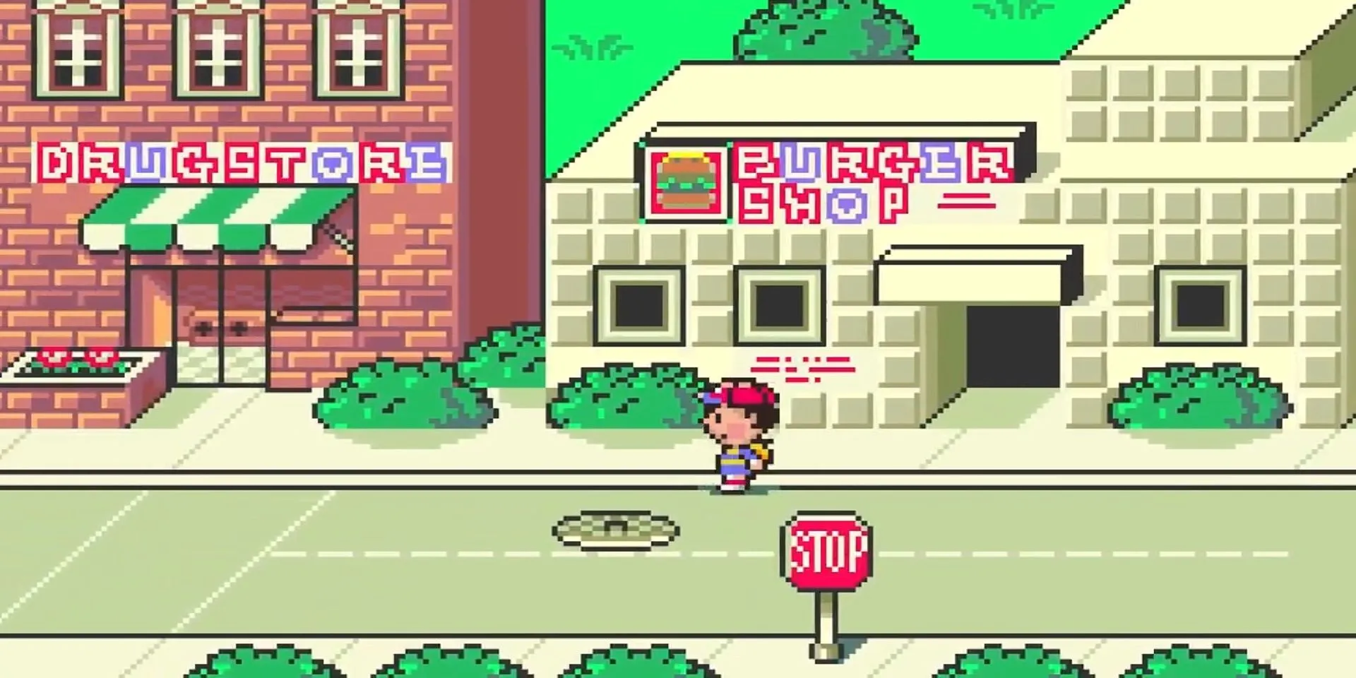 Cửa hàng thuốc và quán burger tại thị trấn Onett trong game Earthbound SNES
