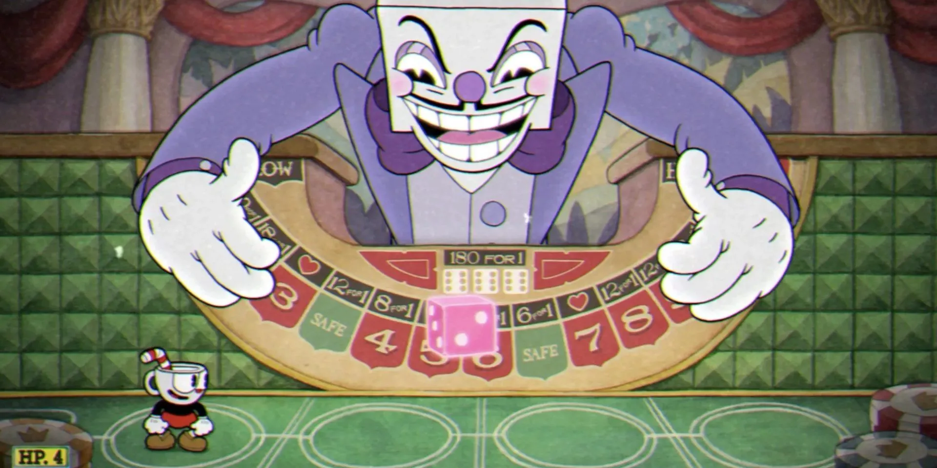 Cuphead đối đầu với boss King Dice trong một sòng bạc hoạt hình